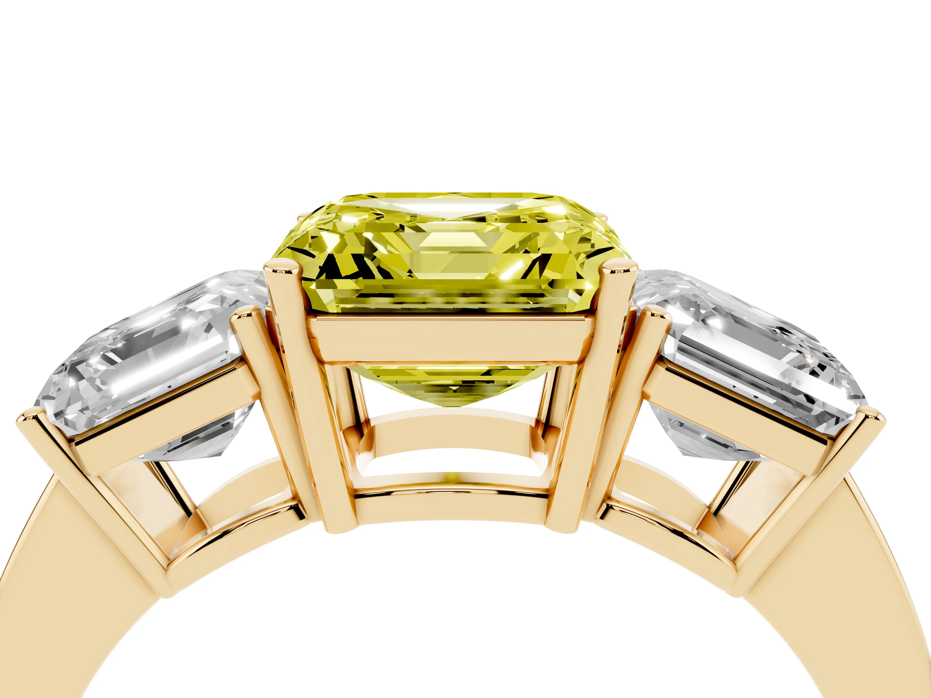 Fancy Yellow Asscher Cut Diamond Three-Stone Engagement Ring Set in Yellow gold with Flat Band