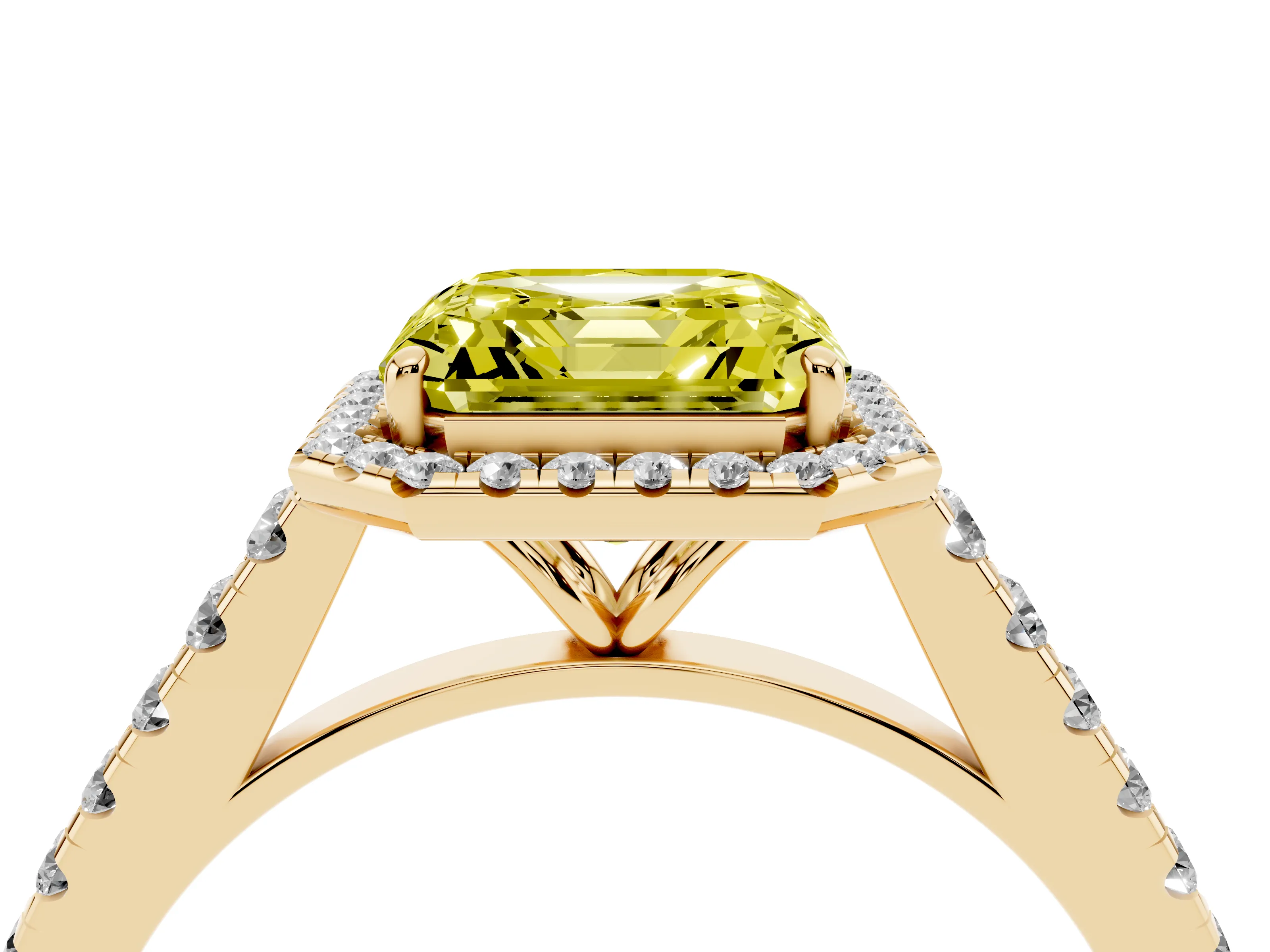 Fancy Yellow Asscher Cut Diamond Halo Pavé Engagement Ring Set in Yellow gold with Prong Setting