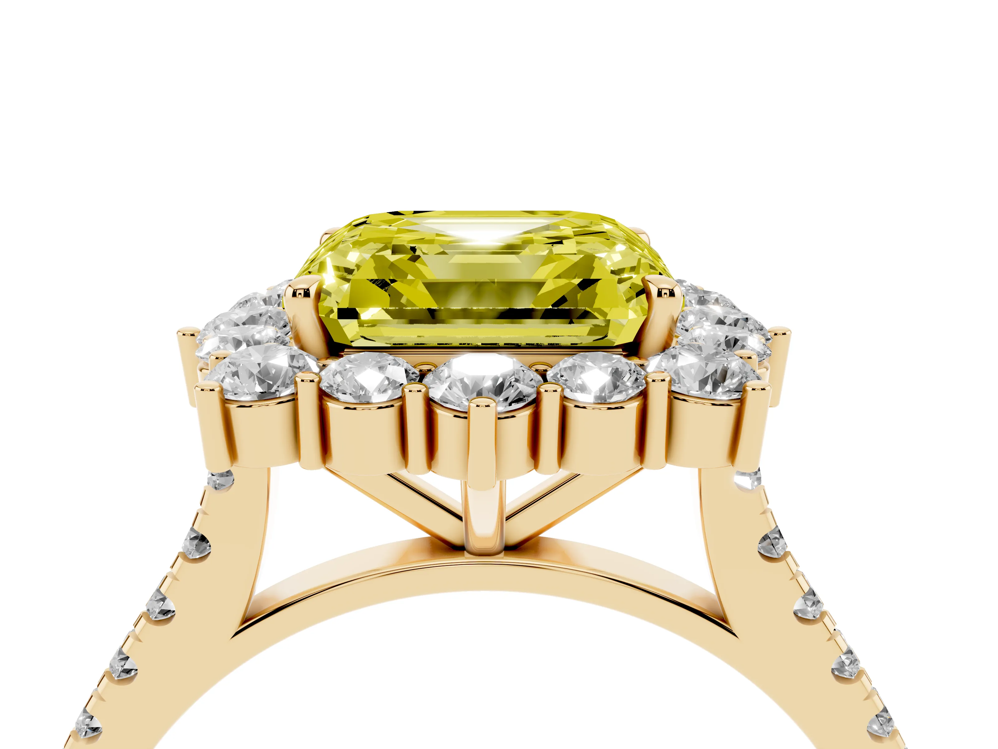 Fancy Yellow Asscher Cut Diamond Halo Ring Set in Yellow gold with Pavé Band and Prong Setting