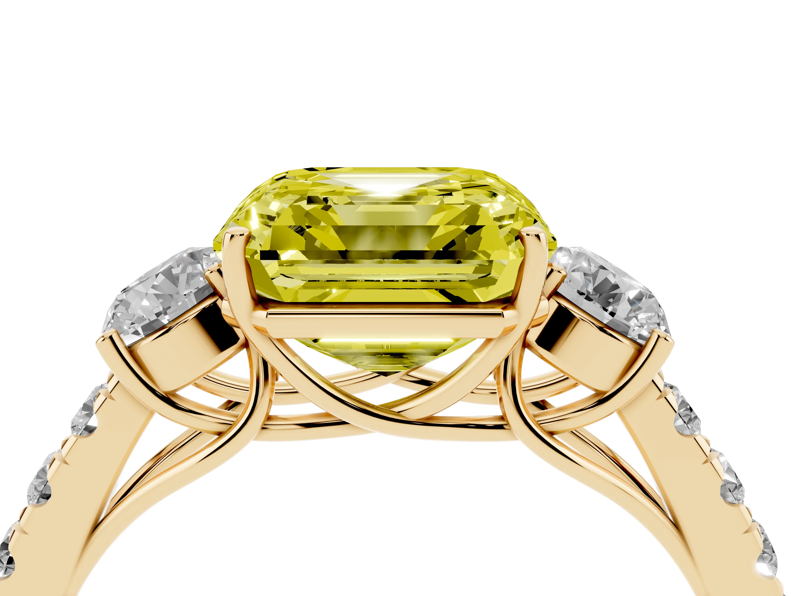 Fancy Yellow Asscher Cut Diamond Three-Stone Ring Set in Yellow gold with Round Side Stones and Delicate Pavé Band
