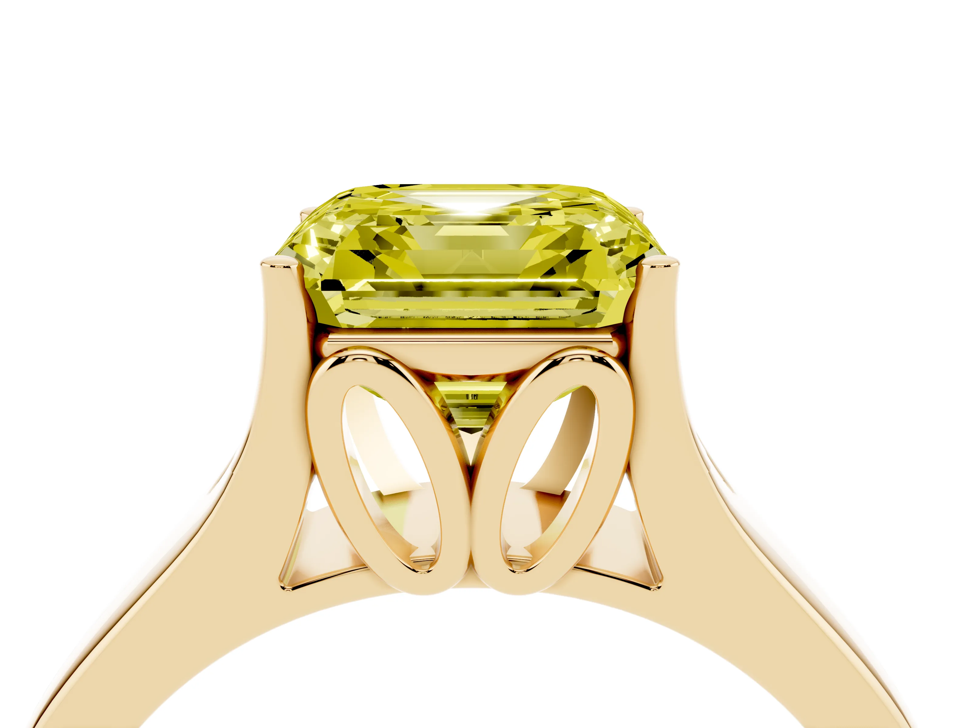 Fancy Yellow Asscher Cut Diamond Solitaire Ring Set in Yellow gold with Arched Cathedral Band and Prong Setting