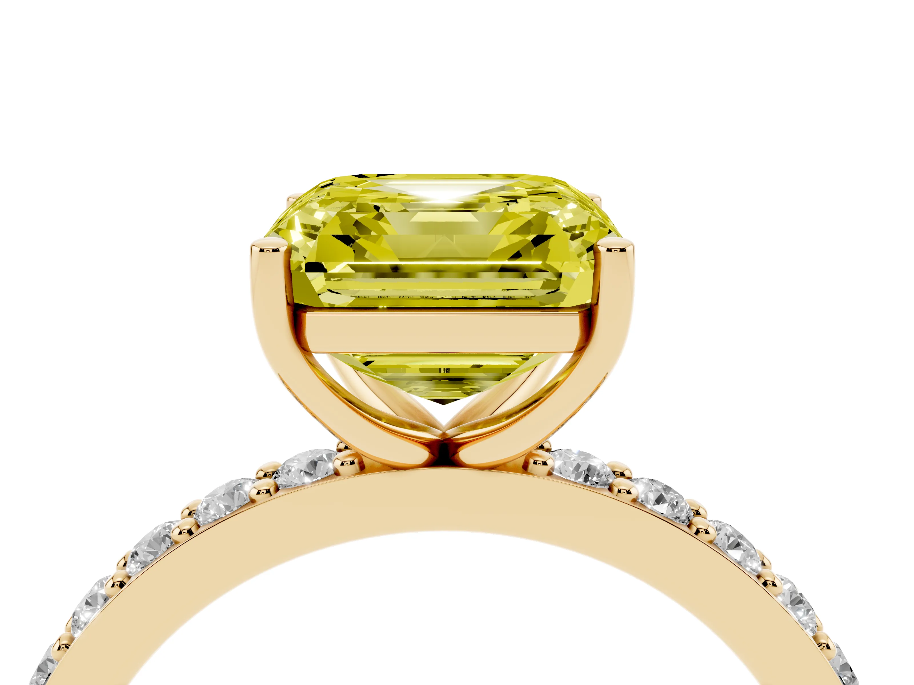 Fancy Yellow Asscher Cut Diamond Solitaire Set in Yellow gold with Round Pavé Band and Prong Setting