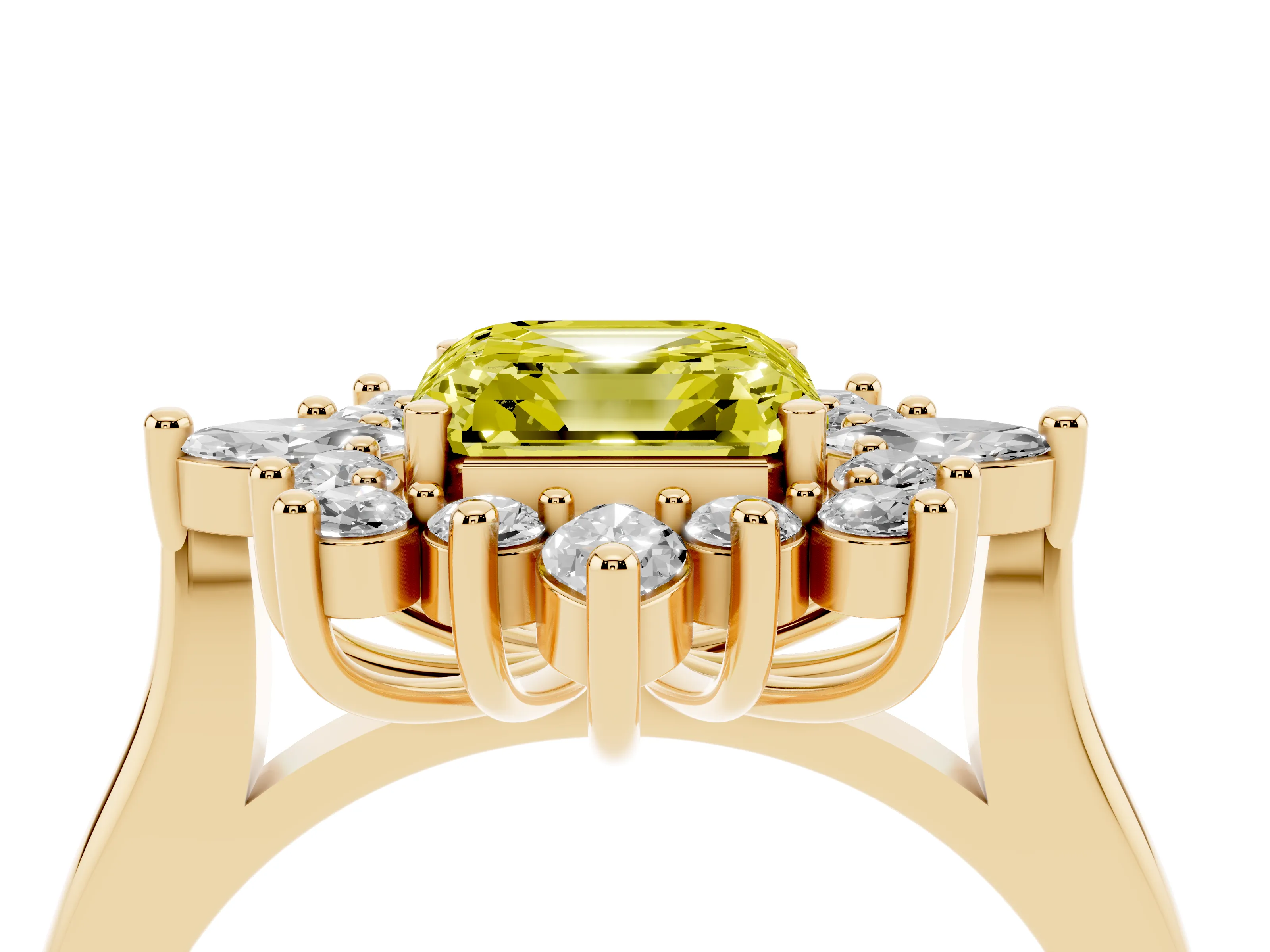 Fancy Yellow Asscher Cut Diamond Cluster Halo Ring Set in Yellow gold with Marquise and Round Accents