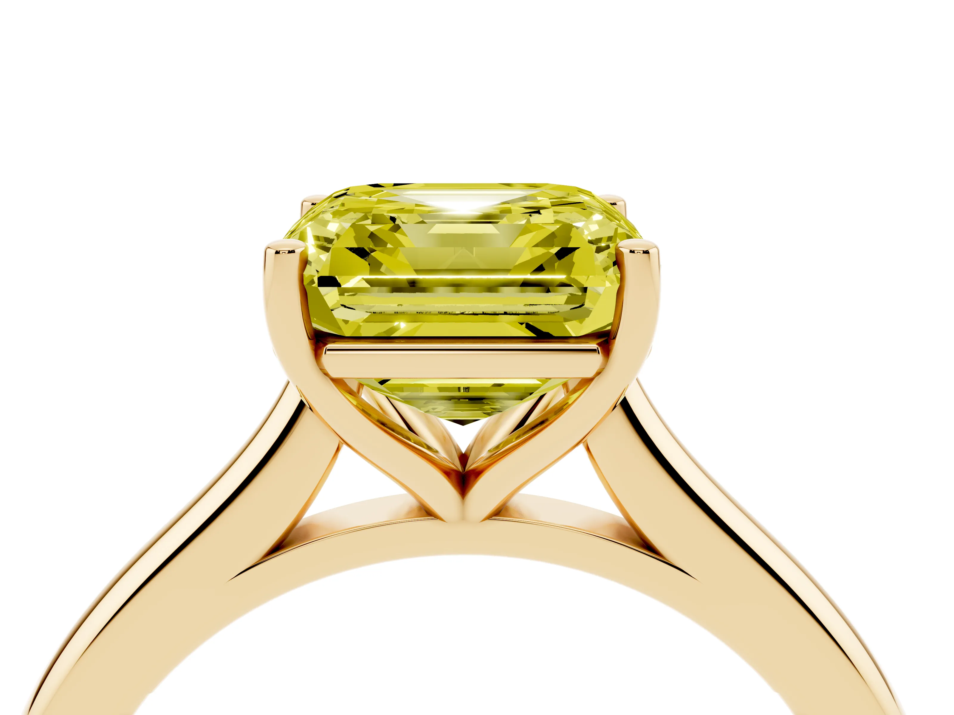 Fancy Yellow Asscher Cut Diamond Solitaire Ring Set in Yellow gold with Cathedral Band and Prong Setting