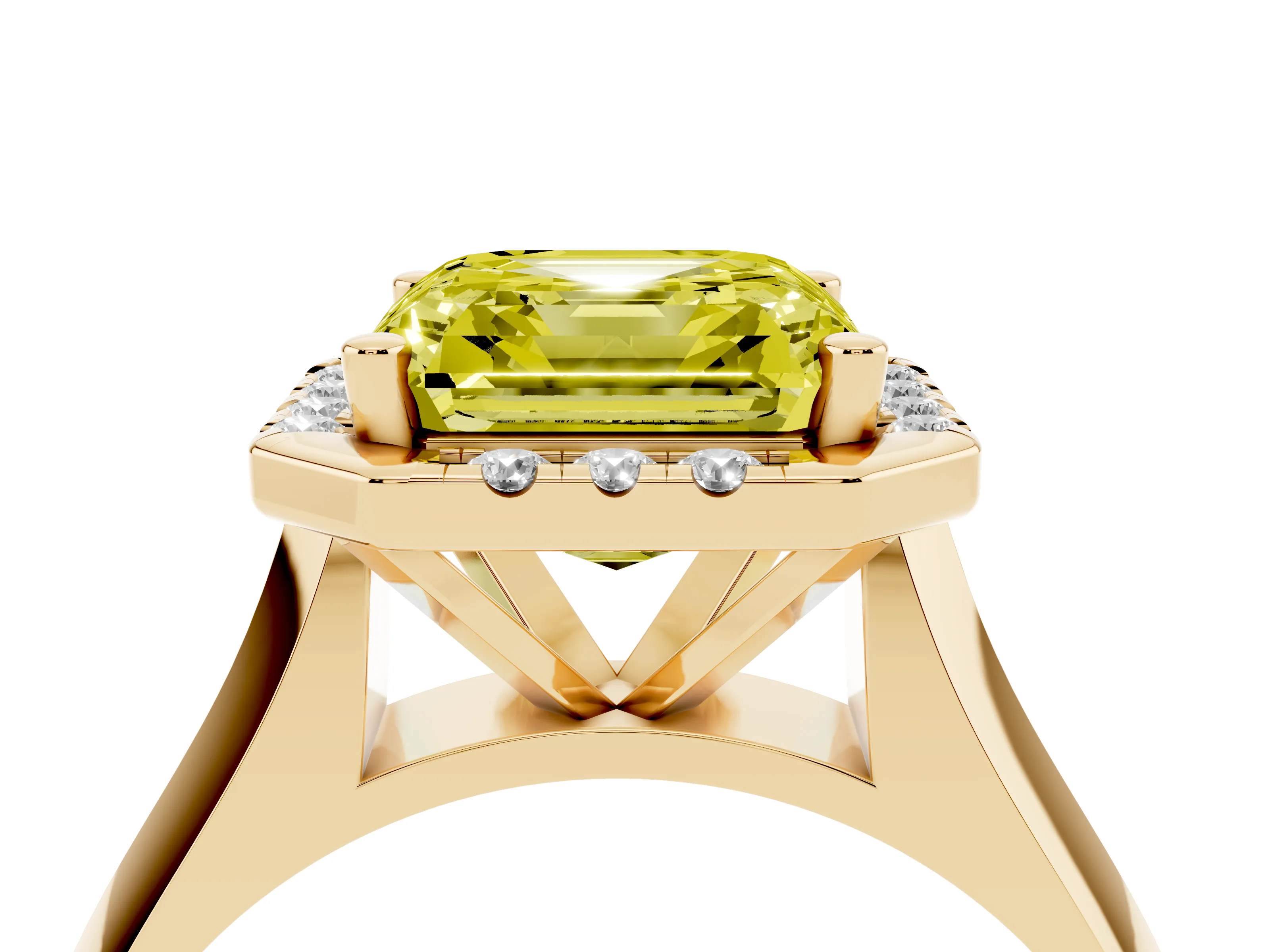 Fancy Yellow Asscher Cut Diamond Halo Solitaire Engagement Ring Set in Yellow gold with Square Band and Prong Setting