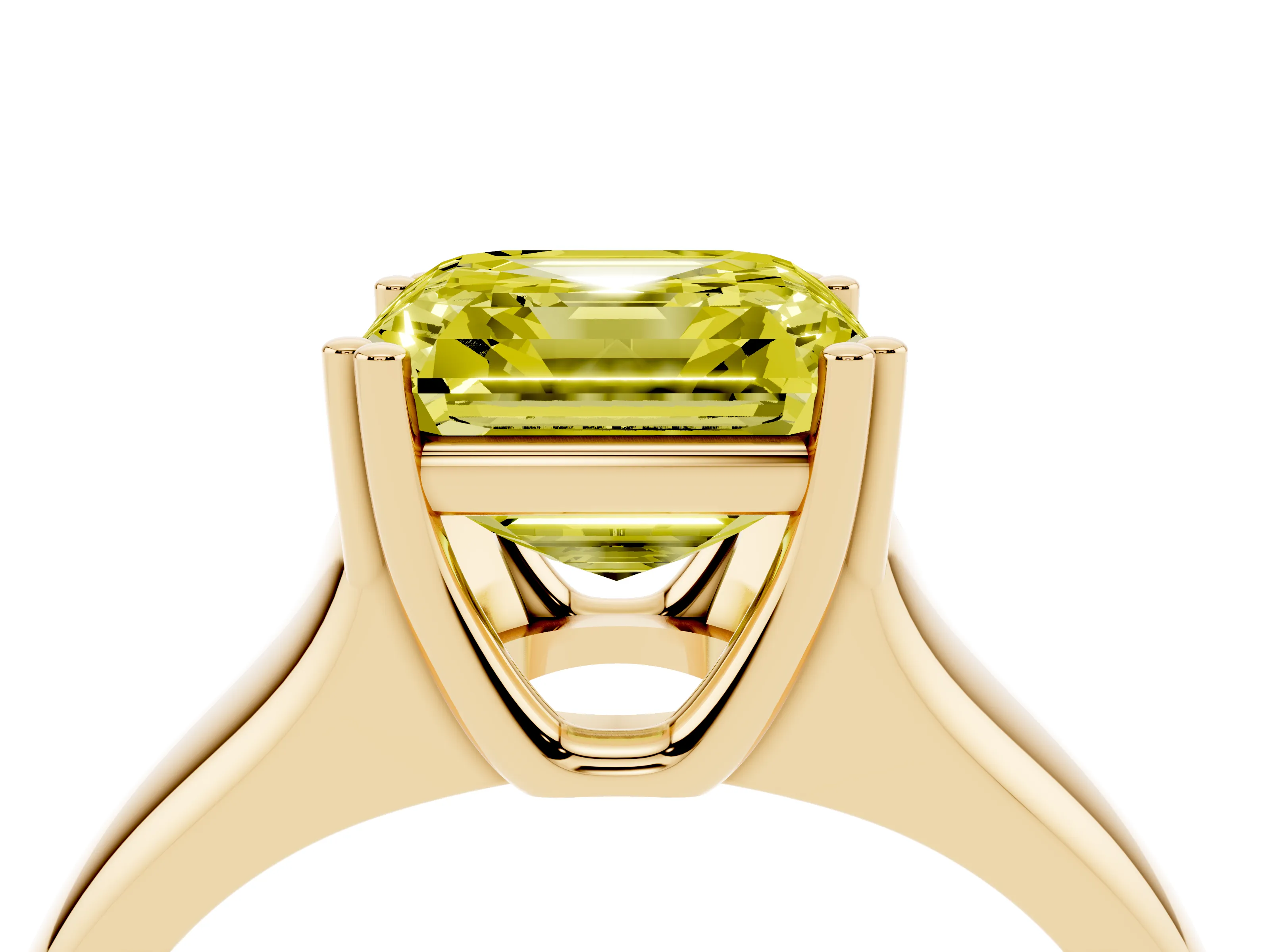 Fancy Yellow Asscher Cut Diamond Solitaire Ring Set in Yellow gold with Wide Band and Prong Setting