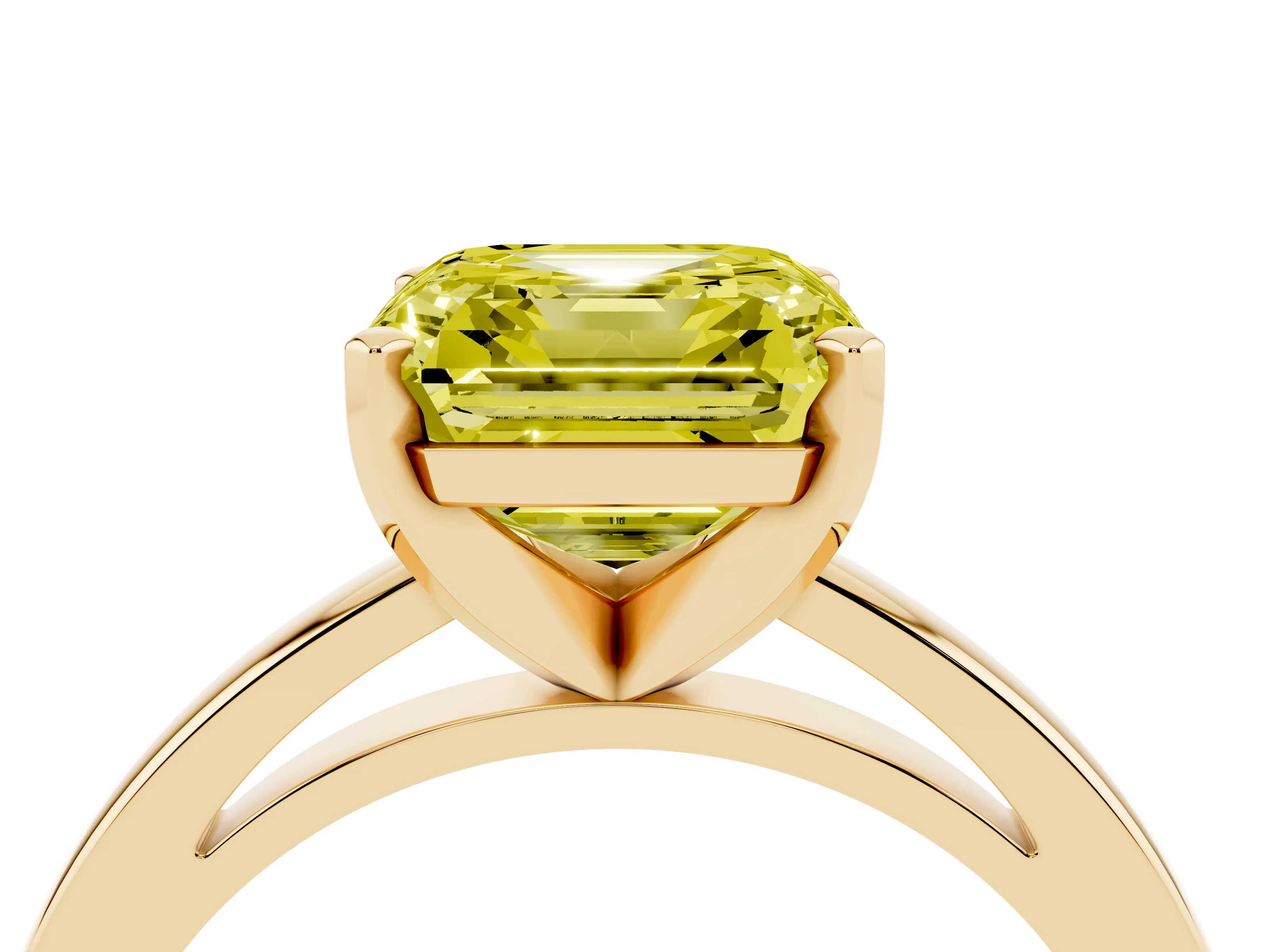 Fancy Yellow Asscher Cut Diamond Solitaire Engagement Ring Set in Yellow gold with Prong Setting on a Classic Band