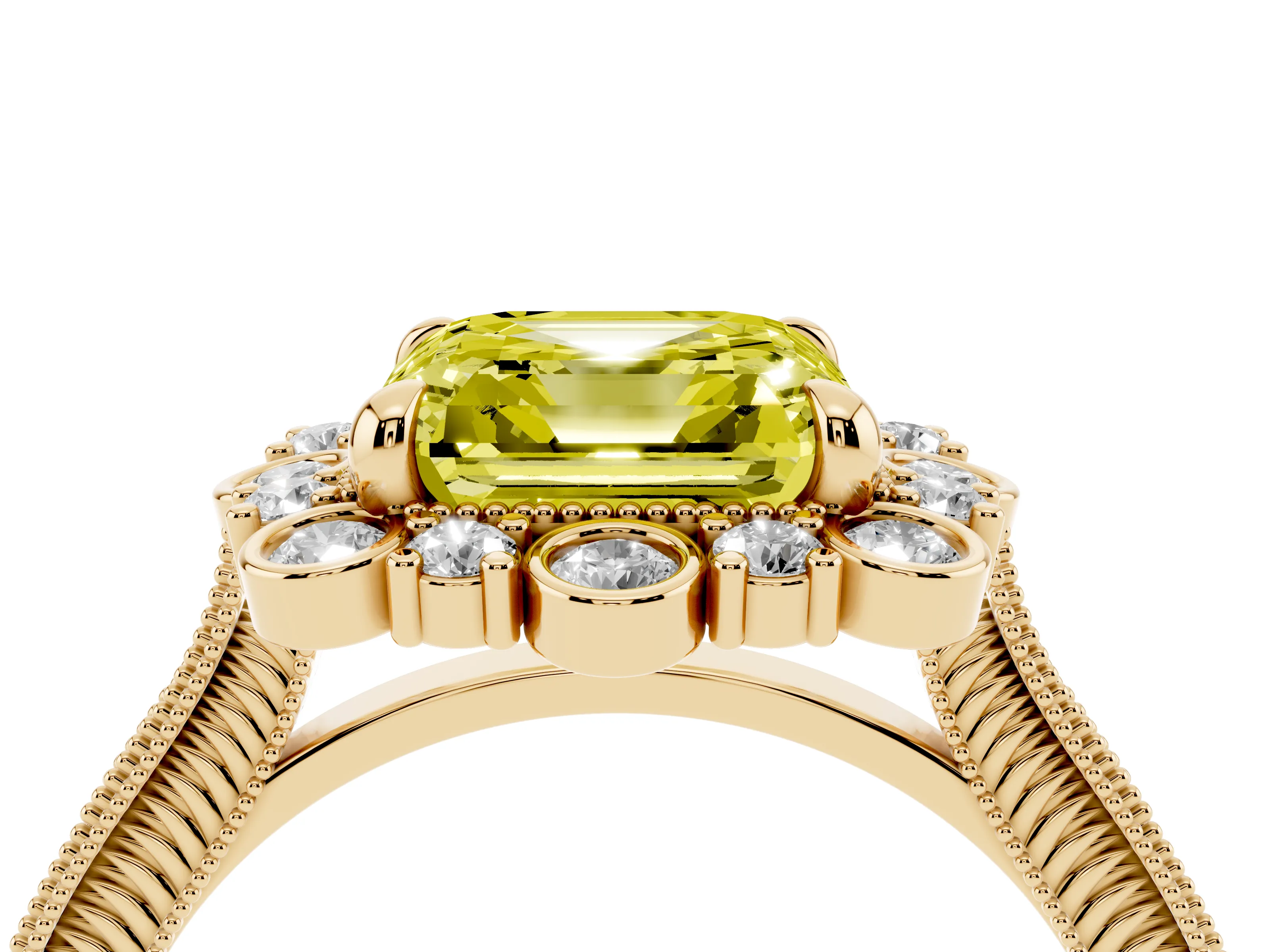 Fancy Yellow Asscher Cut Diamond Halo Milgrain Pavé Ring Set in Yellow gold with Prong Setting