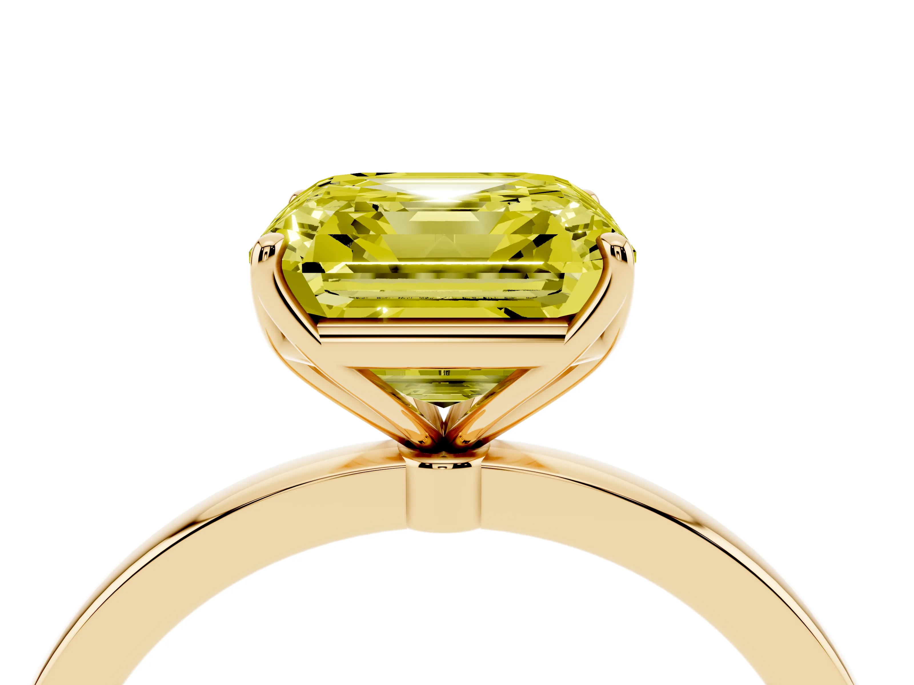 Fancy Yellow Asscher Cut Diamond Solitaire Ring Set in Yellow gold with Prong Setting and Thin Polished Band