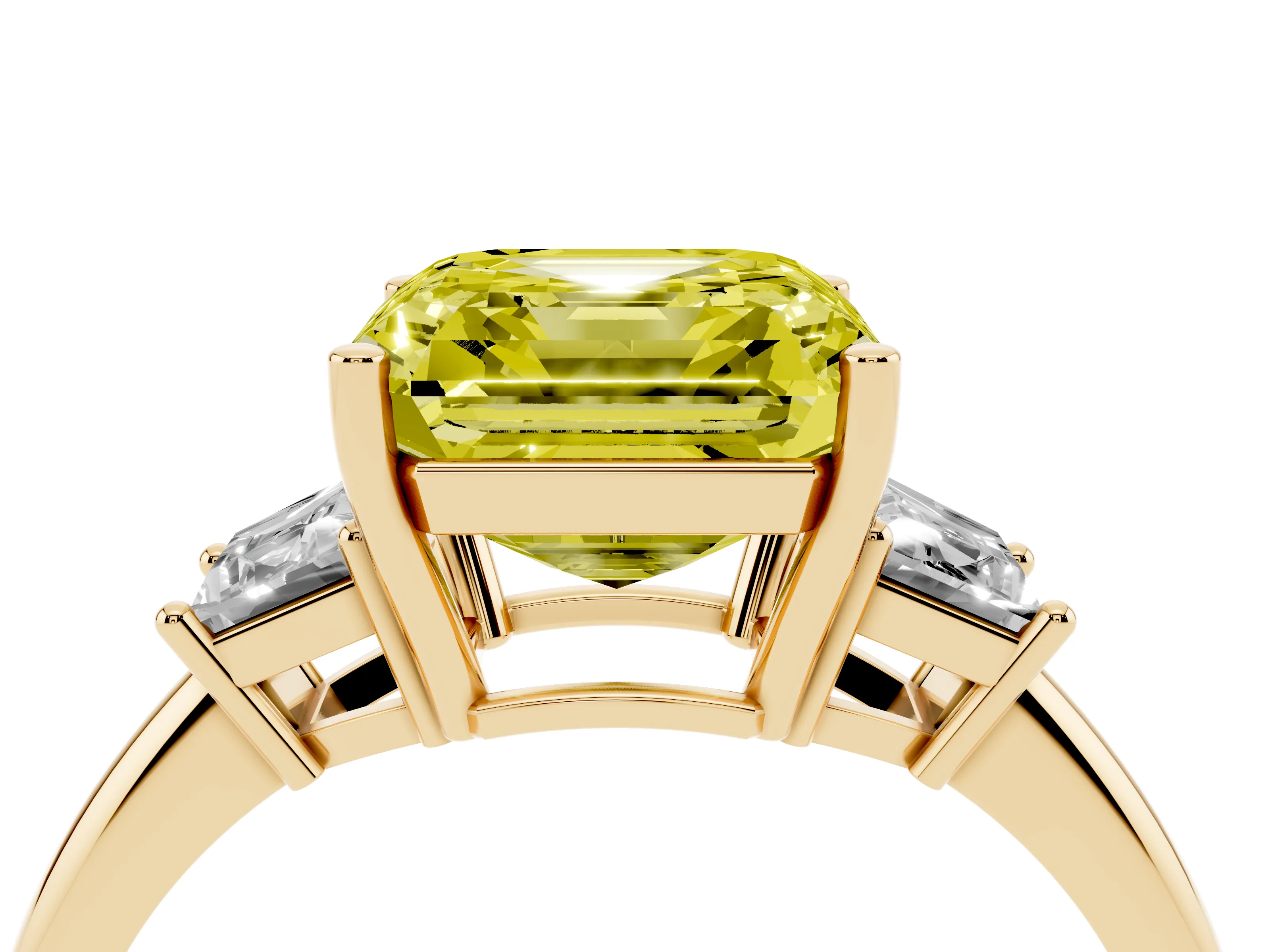 Fancy Yellow Asscher Cut Diamond Three-Stone Ring Set in Yellow gold with Trapezoid Side Stones and Prong Setting