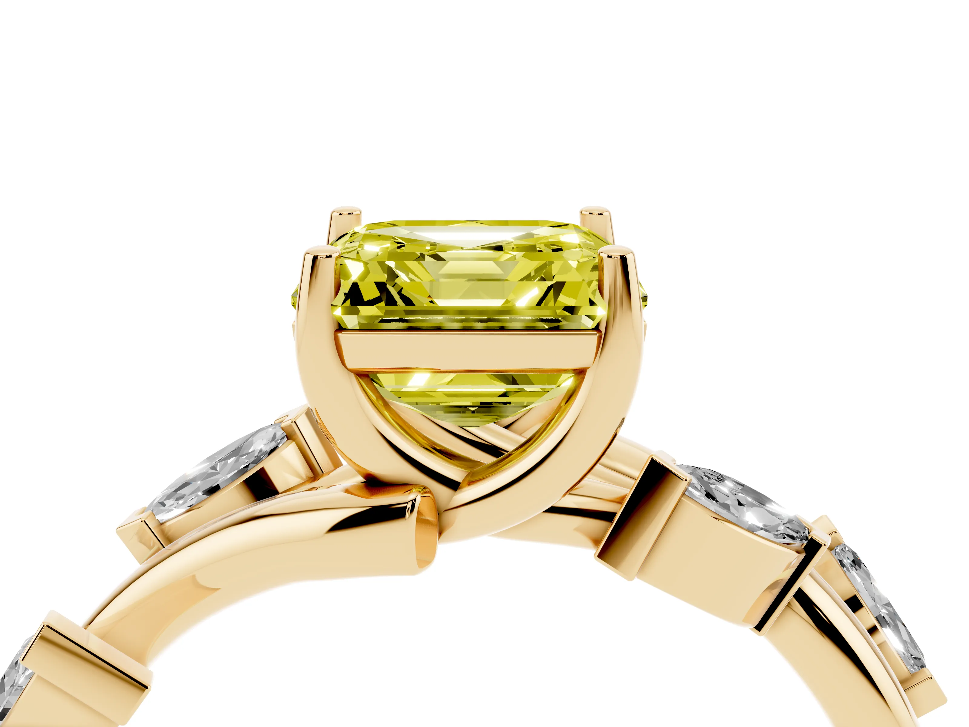 Fancy Yellow Asscher Cut Diamond Solitaire Ring Set in Yellow gold with Twisted Marquise Accent Band