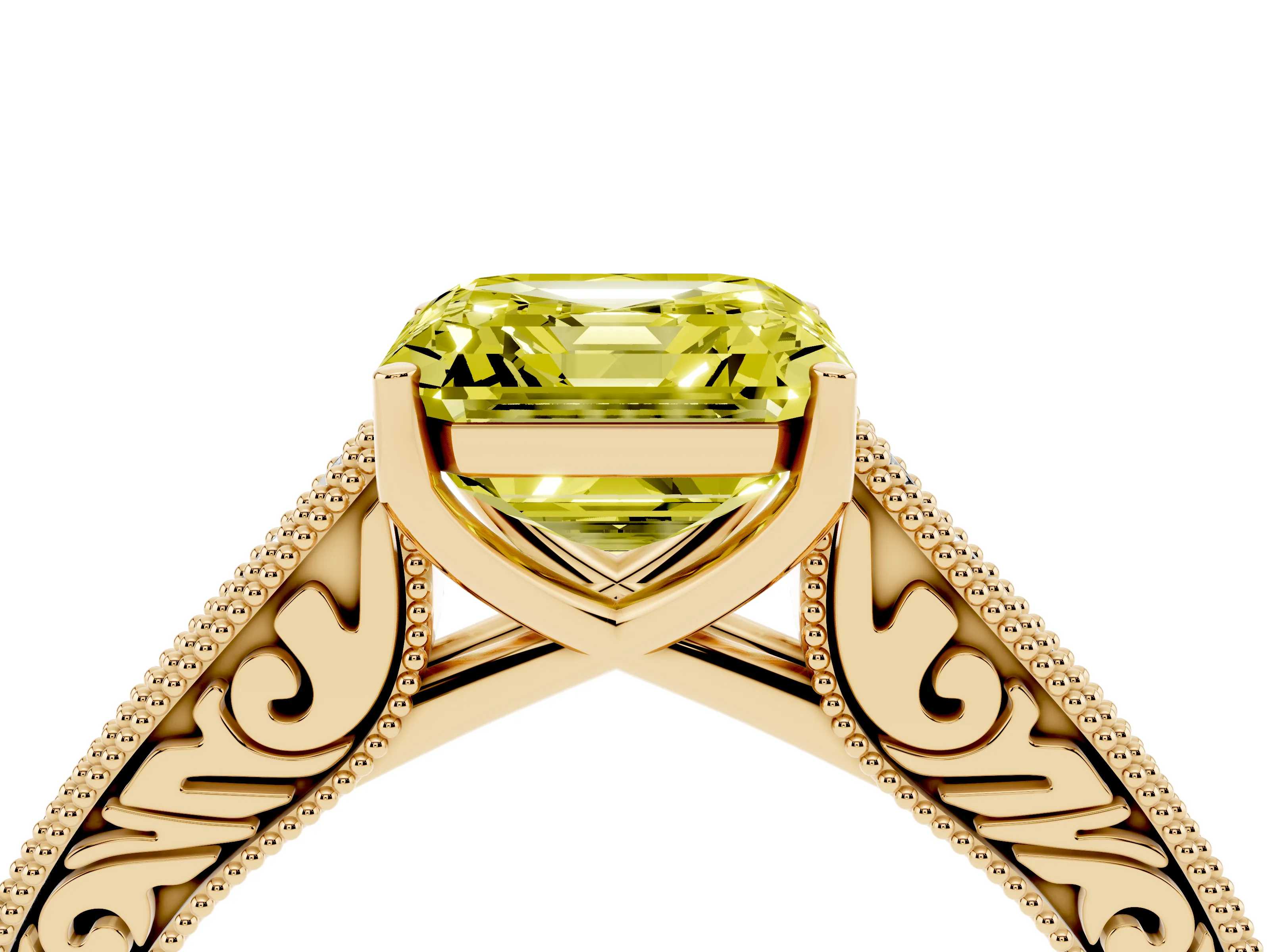 Fancy Yellow Asscher Cut Diamond Milgrain Pavé Band Solitaire Ring Set in Yellow gold with Prong Setting