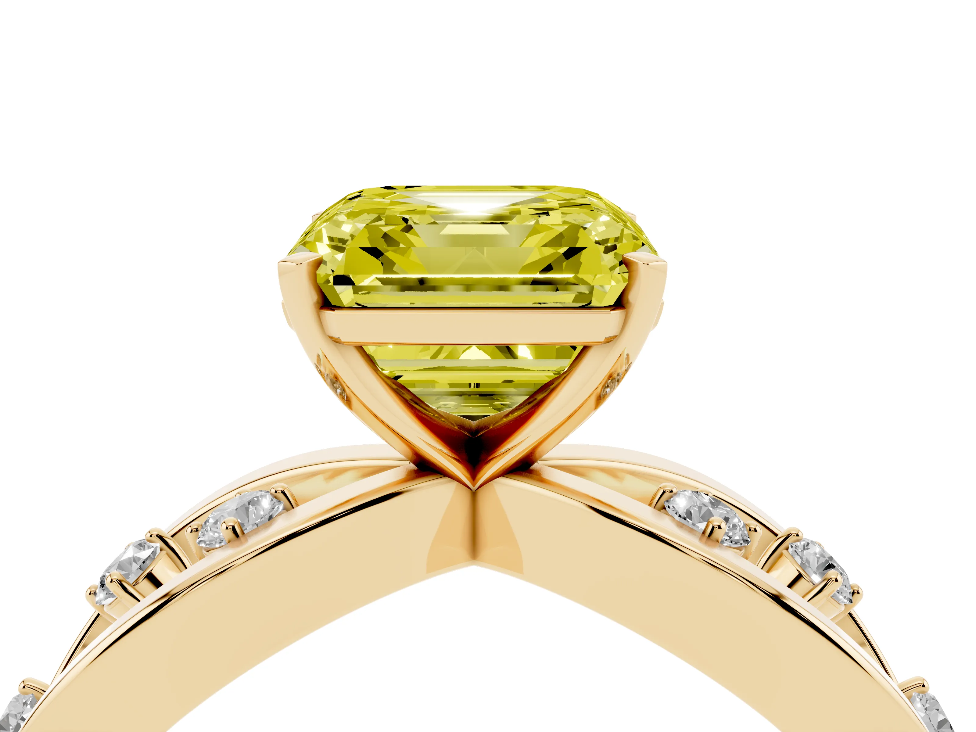 Fancy Yellow Asscher Cut Diamond Solitaire Ring Set in Yellow gold with Side Stones on Criss-Cross Band and Prong Setting