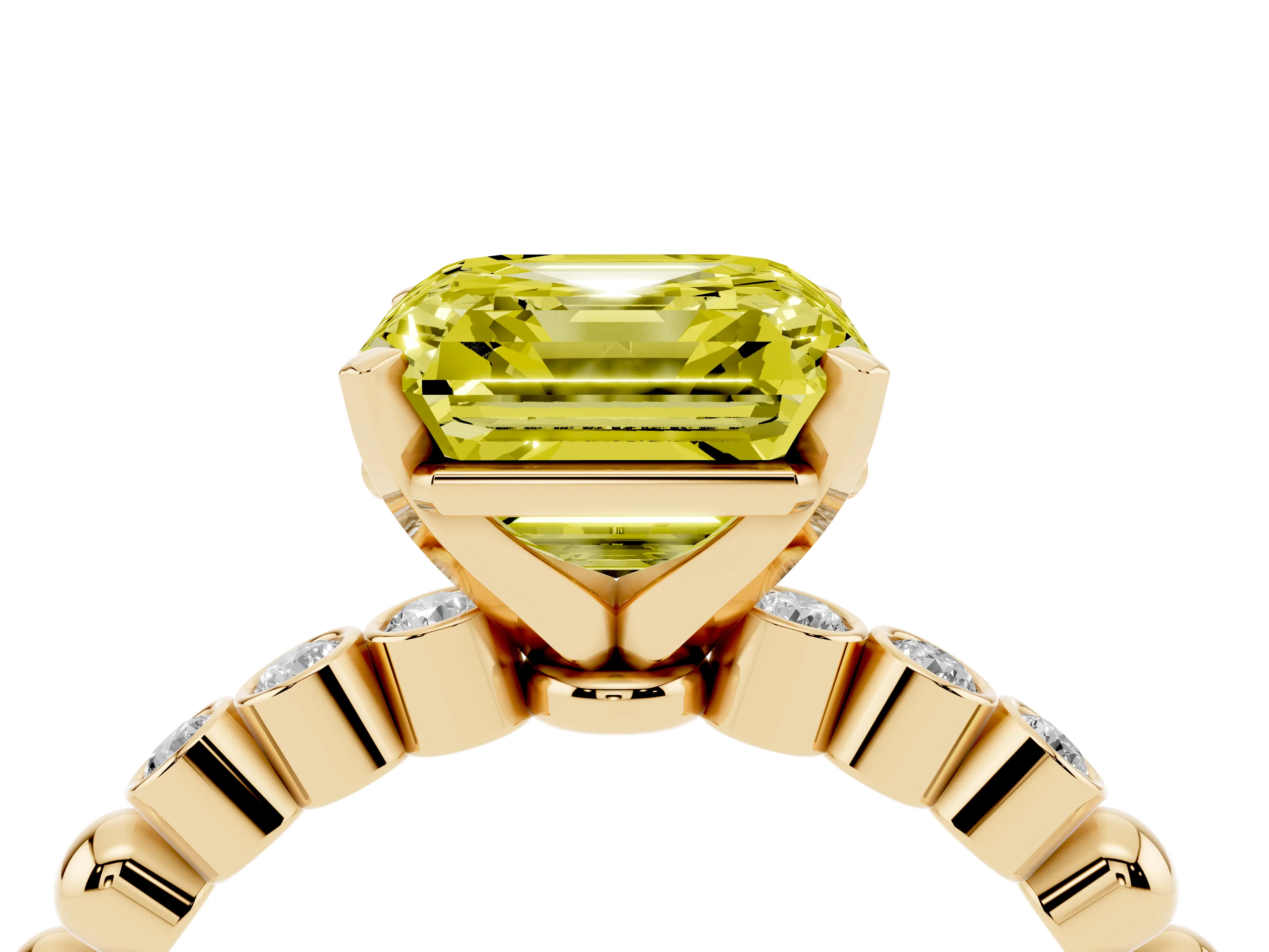 Fancy Yellow Asscher Cut Diamond Solitaire Engagement Ring Set in Yellow gold with Bezel Accents on Beaded Band