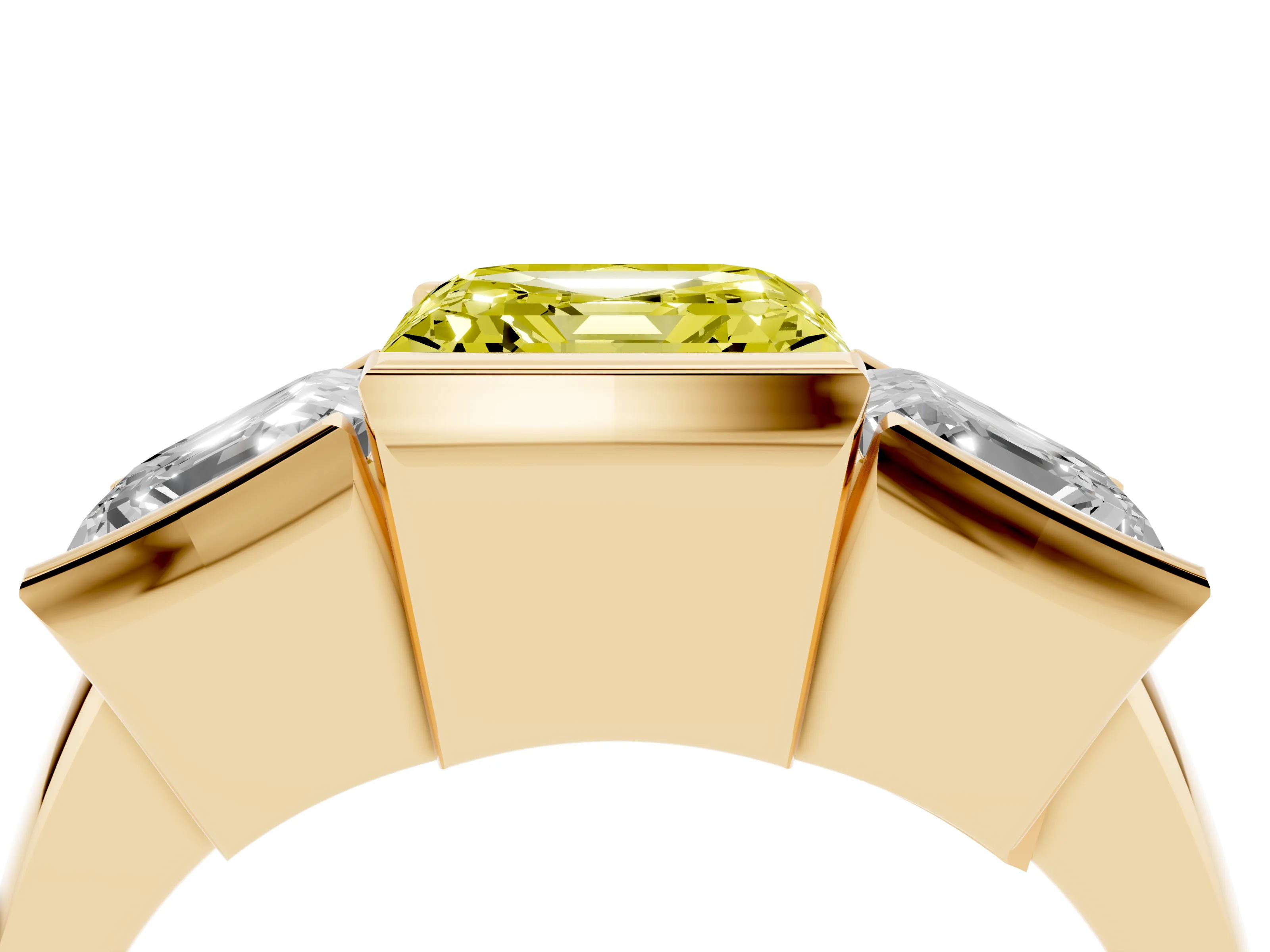 Fancy Yellow Asscher Cut Diamond Three-Stone Channel Set Ring Set in Yellow gold with Smooth Polished Band