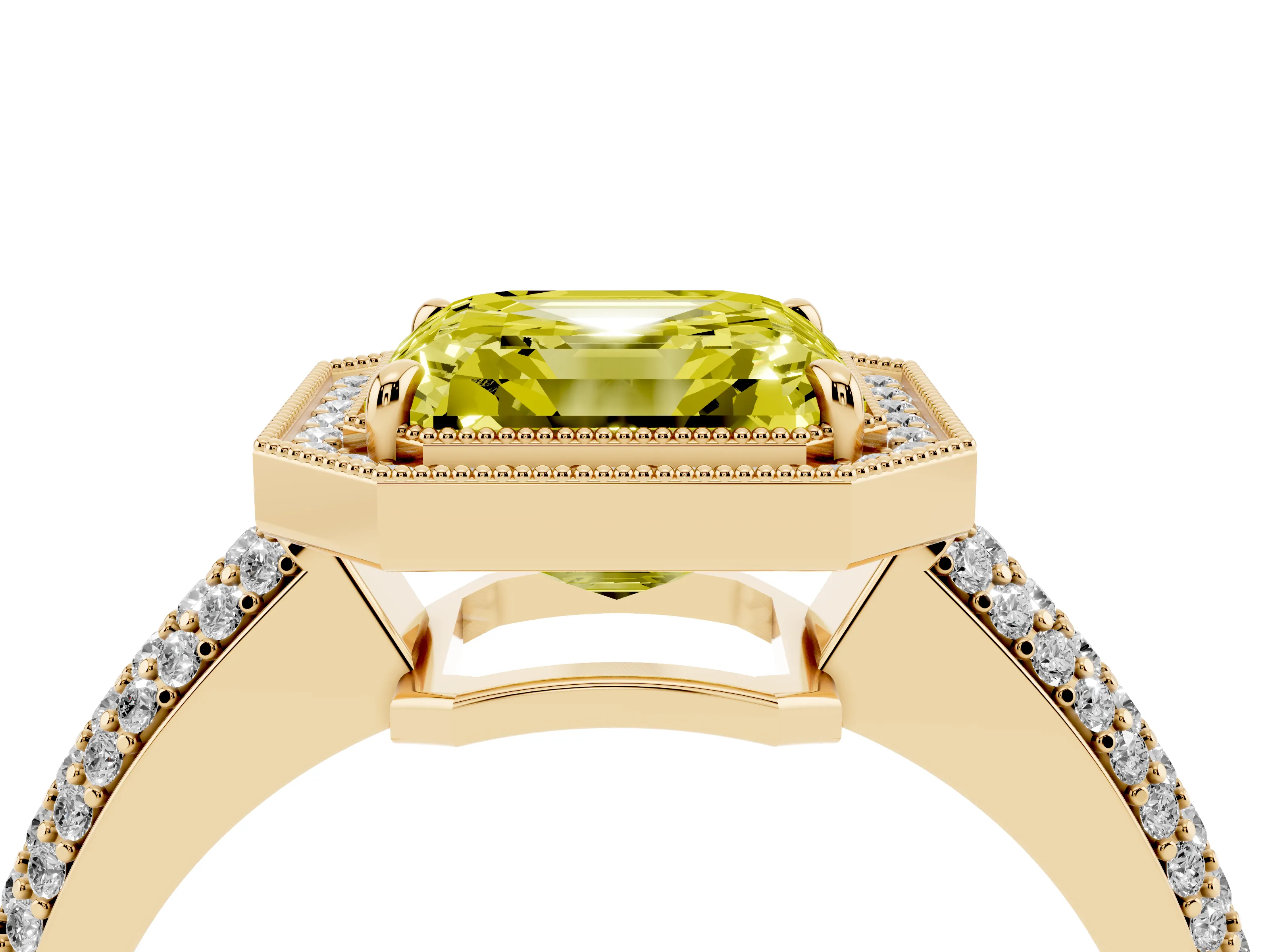 Fancy Yellow Asscher Cut Diamond Halo Pavé Band Set in Yellow gold with Prong Setting