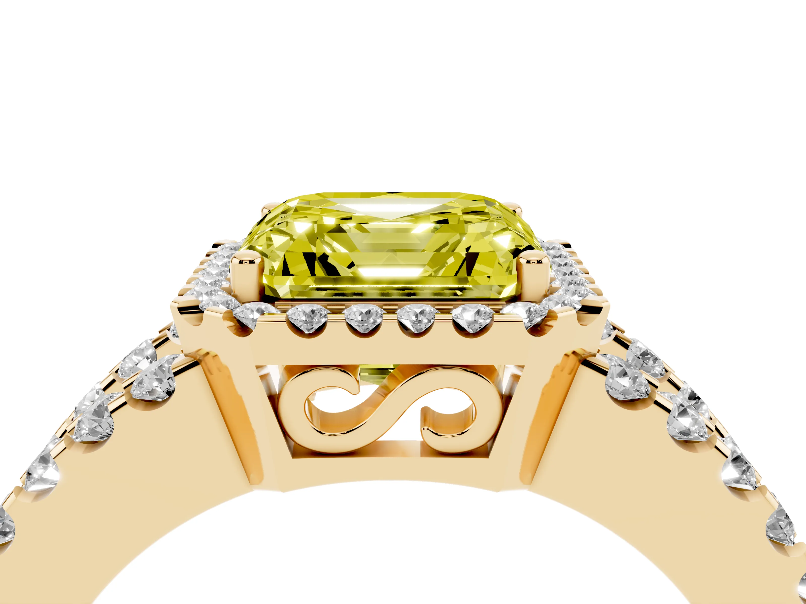 Fancy Yellow Asscher Cut Diamond Halo Ring Set in Yellow gold with Pavé Split Shank and Prong Setting