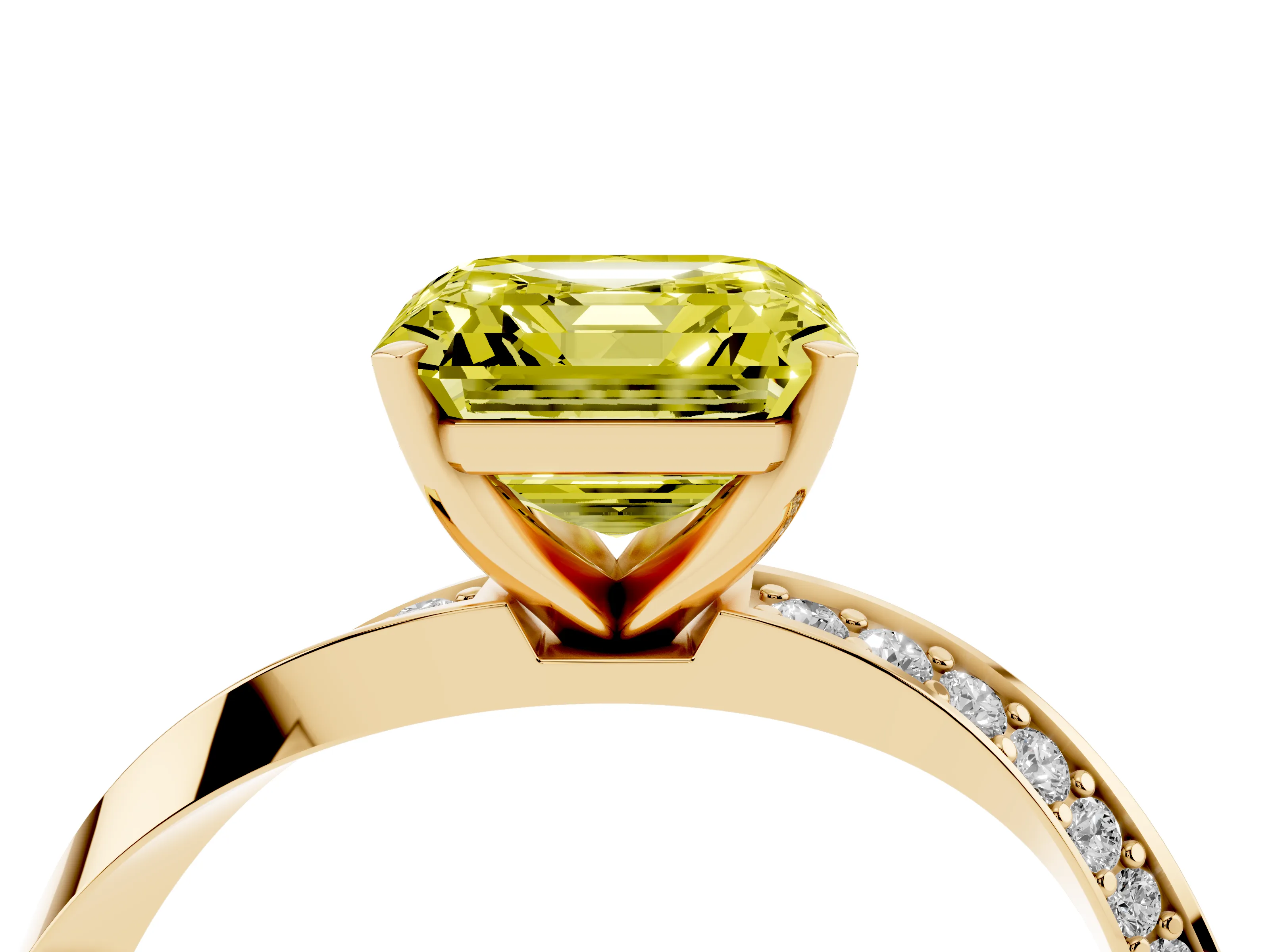 Fancy Yellow Asscher Cut Diamond Engagement Ring Set in Yellow gold with Side Stone Accents and Prong Setting