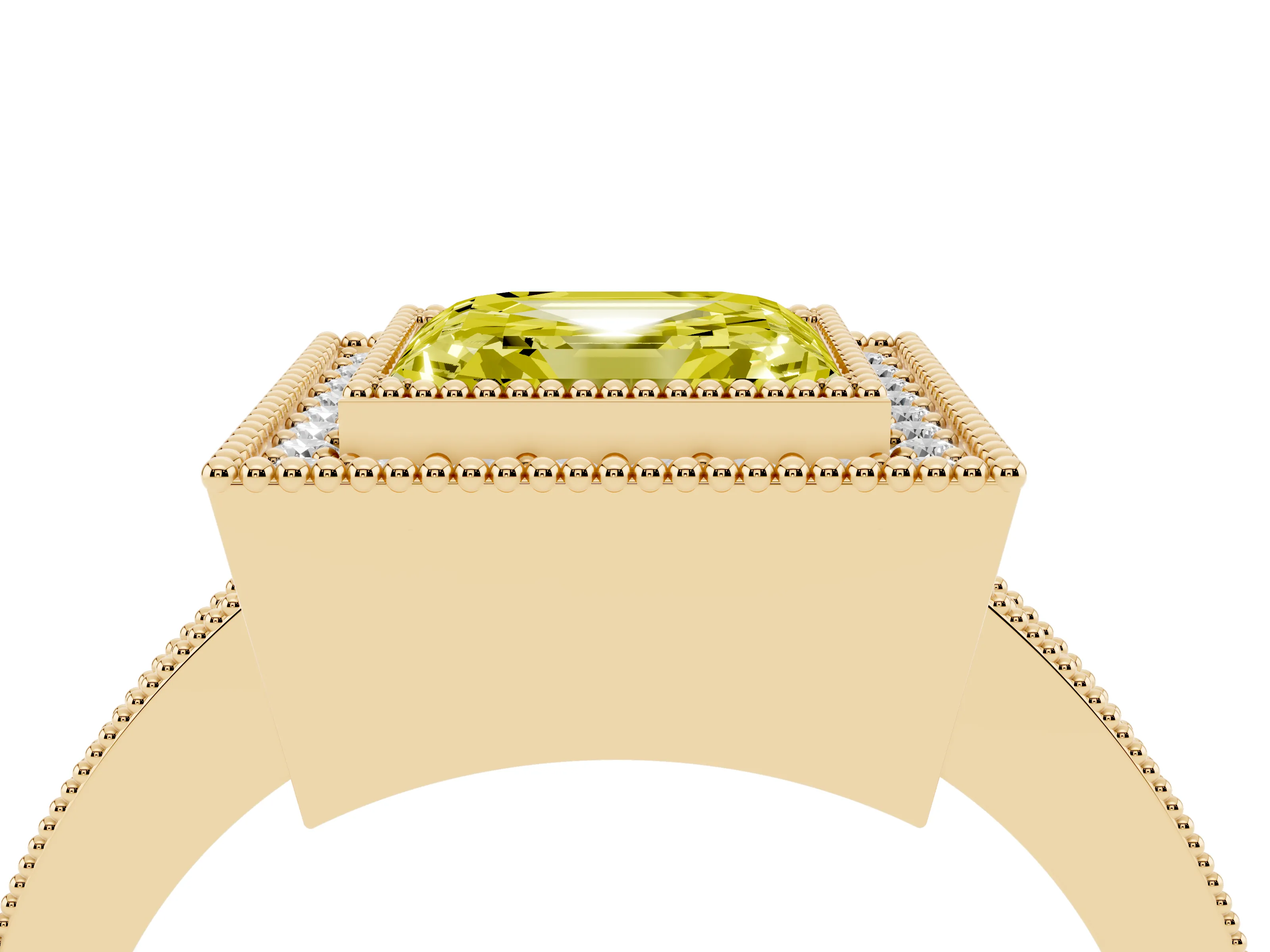 Fancy Yellow Asscher Cut Diamond Halo Engagement Ring Set in Yellow gold with Pavé Band and Round Halo Stones
