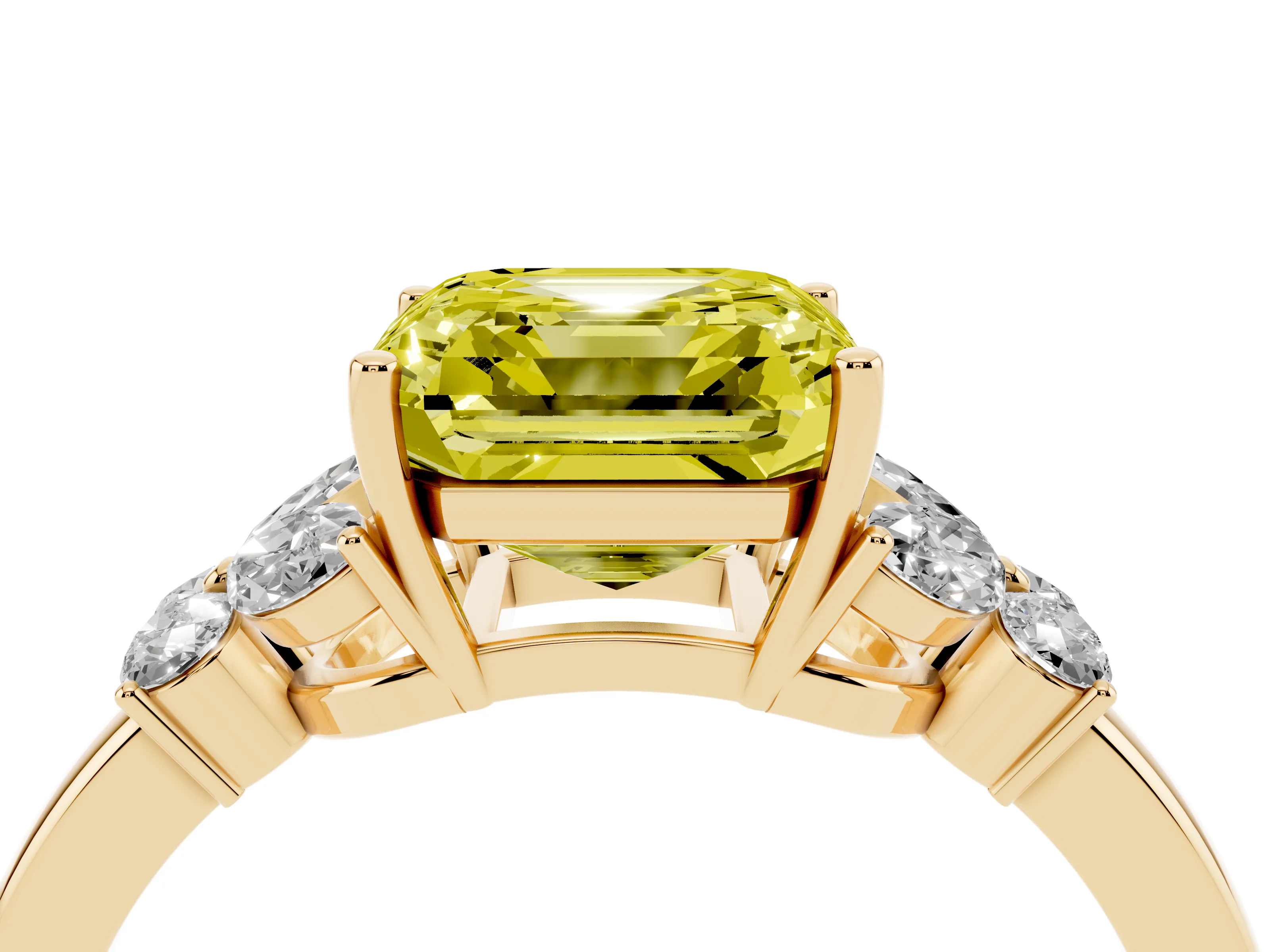 Fancy Yellow Asscher Cut Diamond Solitaire Floral Ring Set in Yellow gold with Marquise Petals and Prong Setting