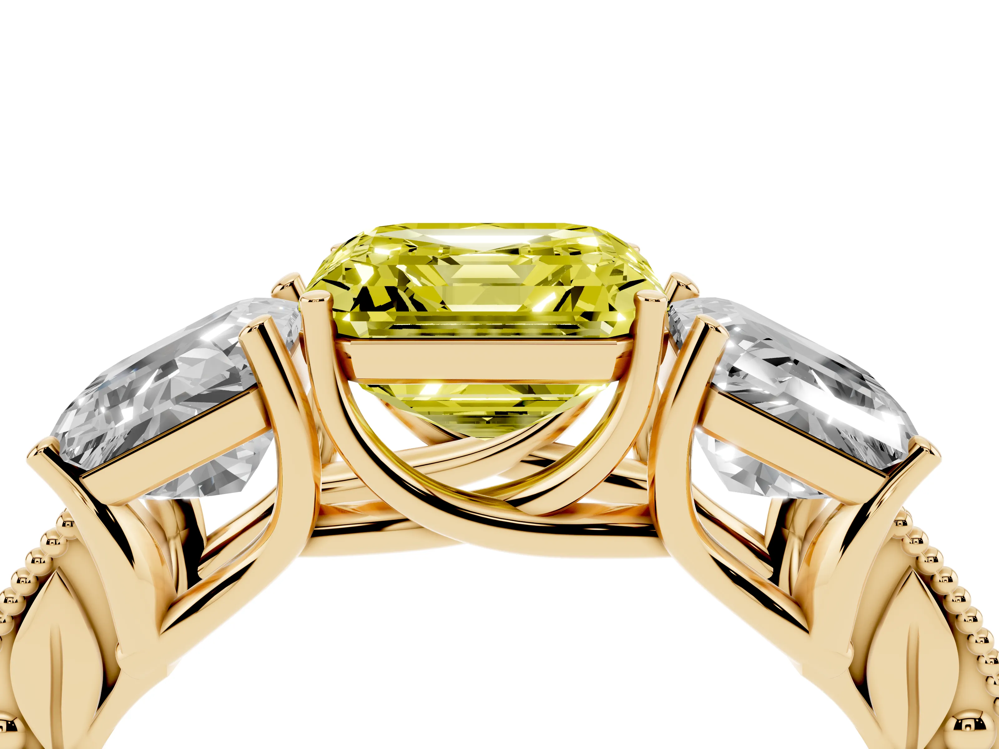Fancy Yellow Asscher Cut Diamond Three-Stone Engagement Ring Set in Yellow gold with Milgrain Pavé Band