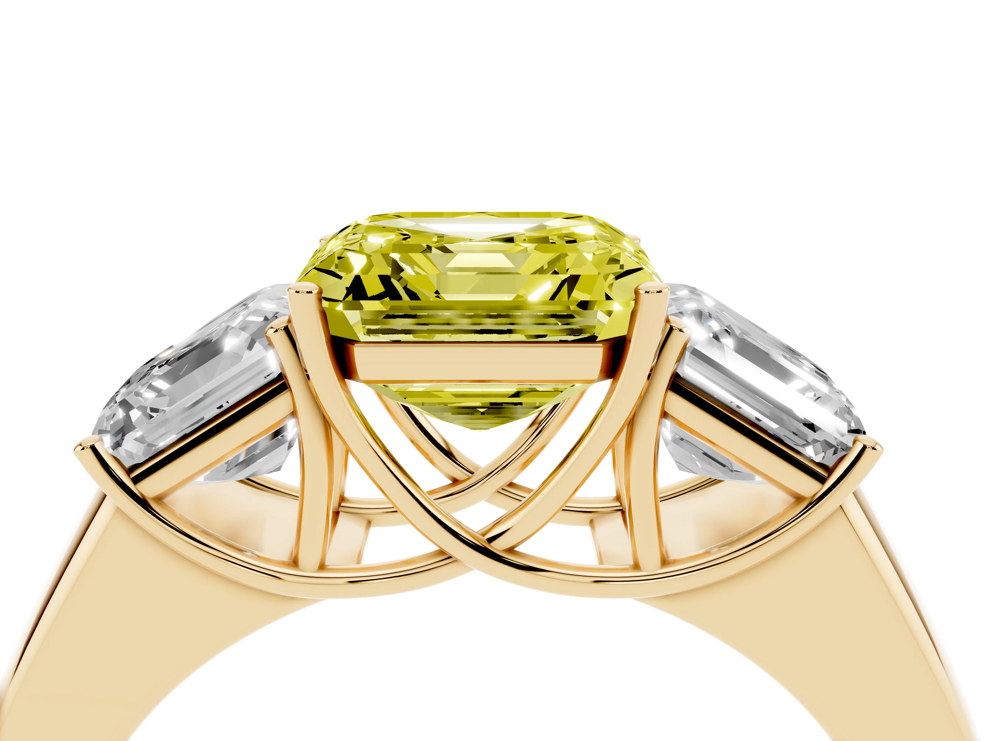 Fancy Yellow Three-Stone Asscher Cut Diamond Ring Set in Yellow gold with Matching Prong Settings and Plain Band