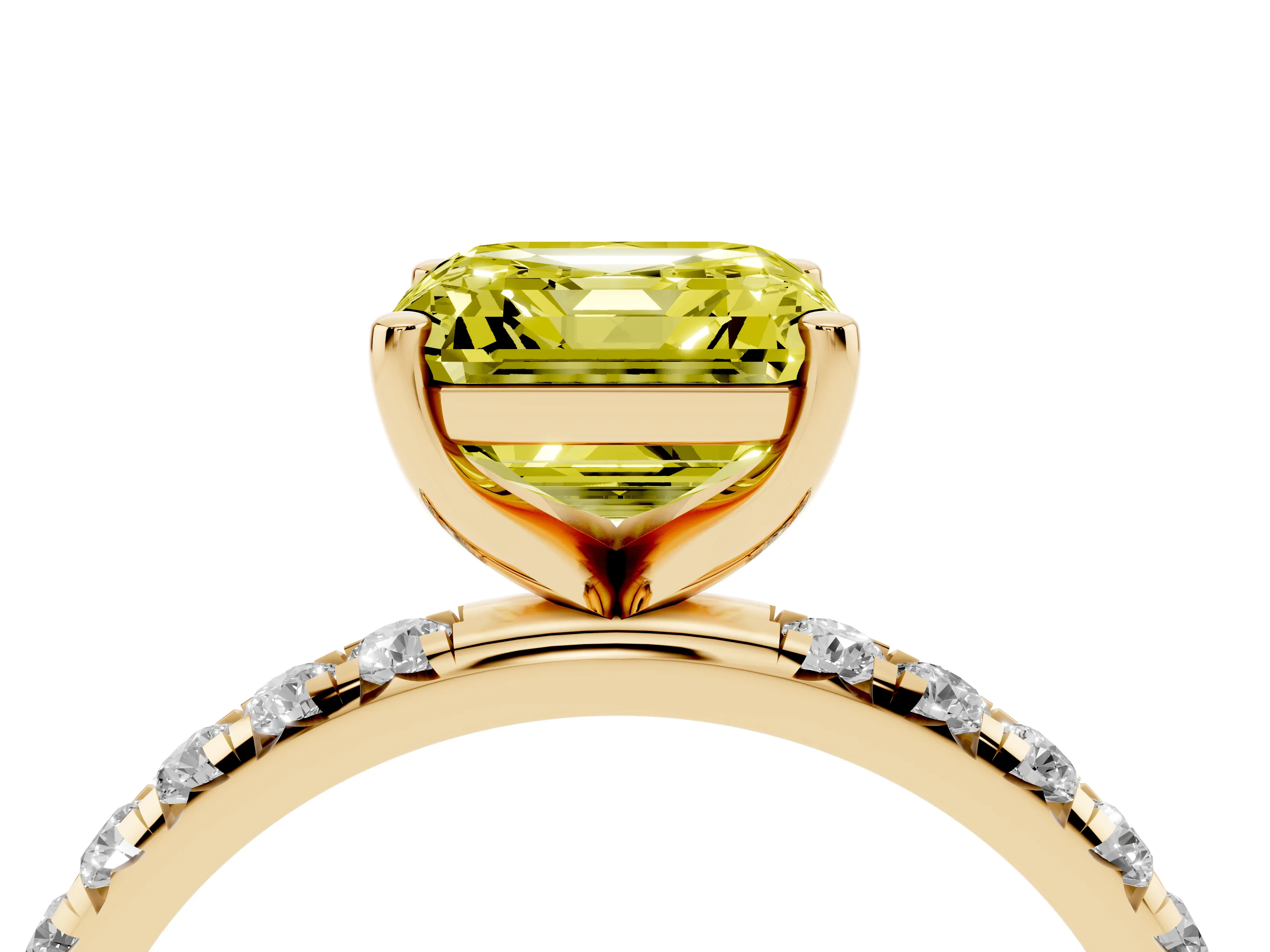 Fancy Yellow Asscher Cut Diamond Solitaire Ring Set in Yellow gold with Micro Pavé Band and Prong Setting