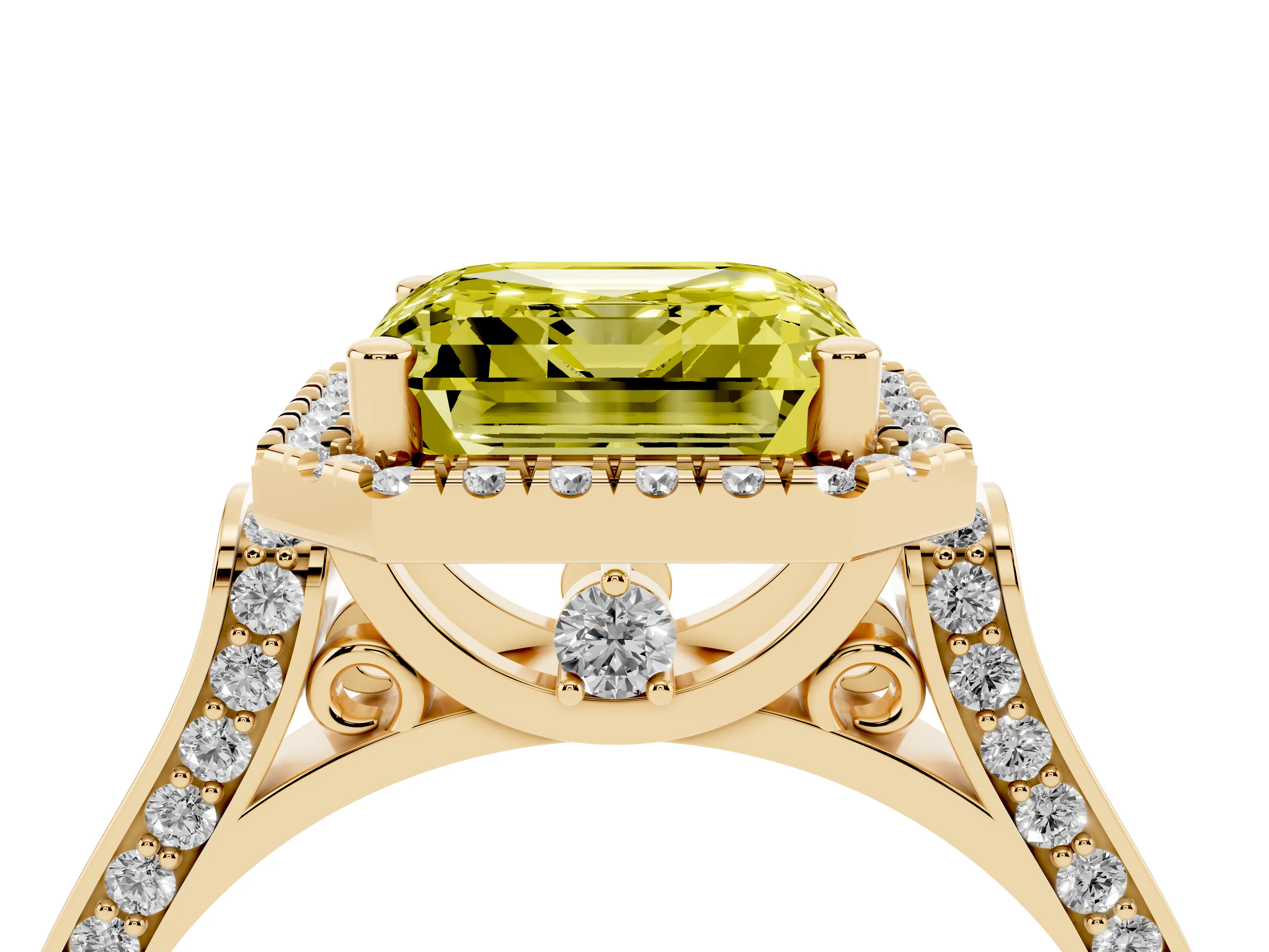 Fancy Yellow Asscher Cut Diamond Halo Ring Set in Yellow gold with Pavé-Lined Split Shank Band