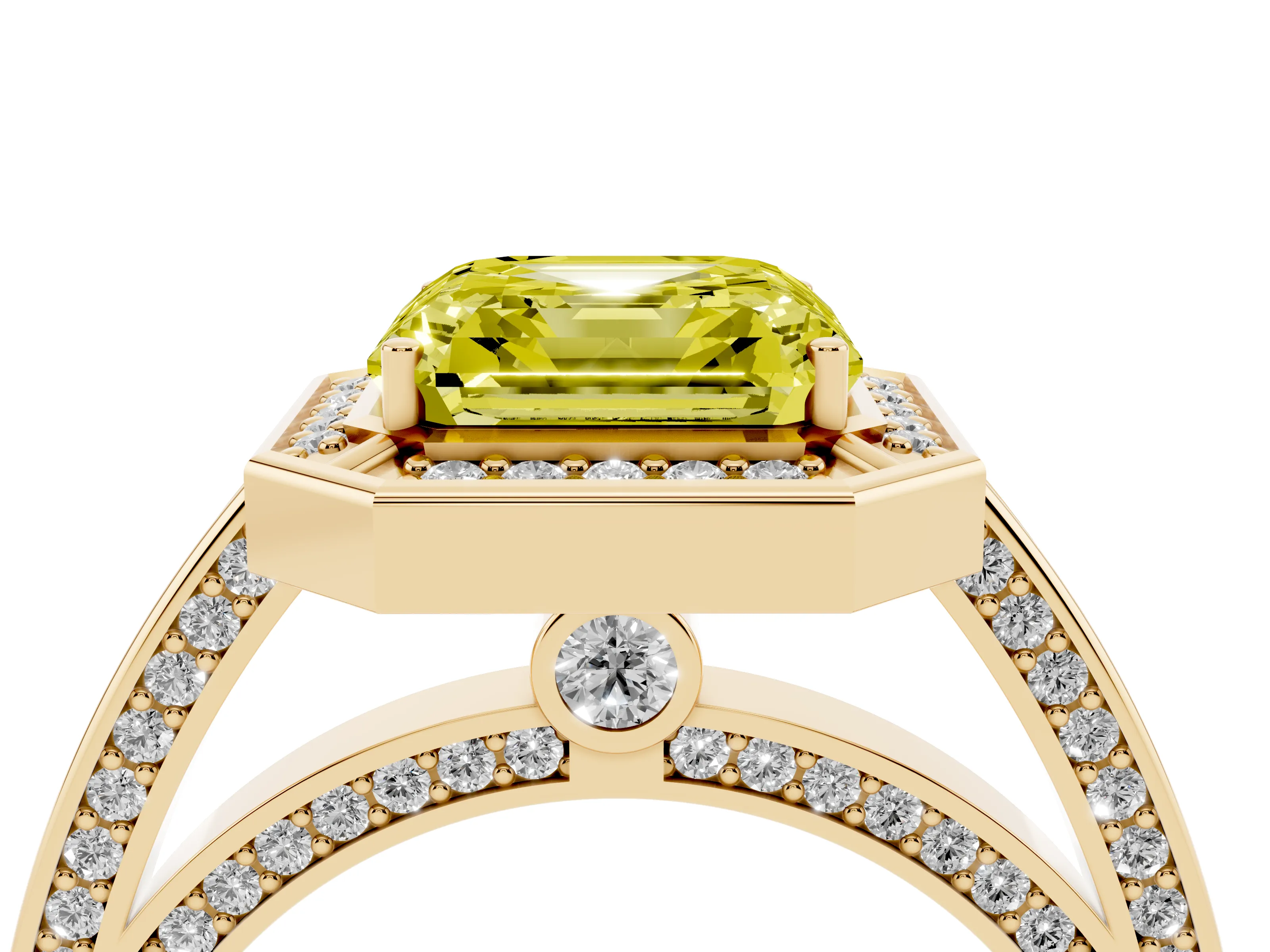 Fancy Yellow Asscher Cut Diamond Halo Pavé Split Shank Ring Set in Yellow gold with Prong Setting