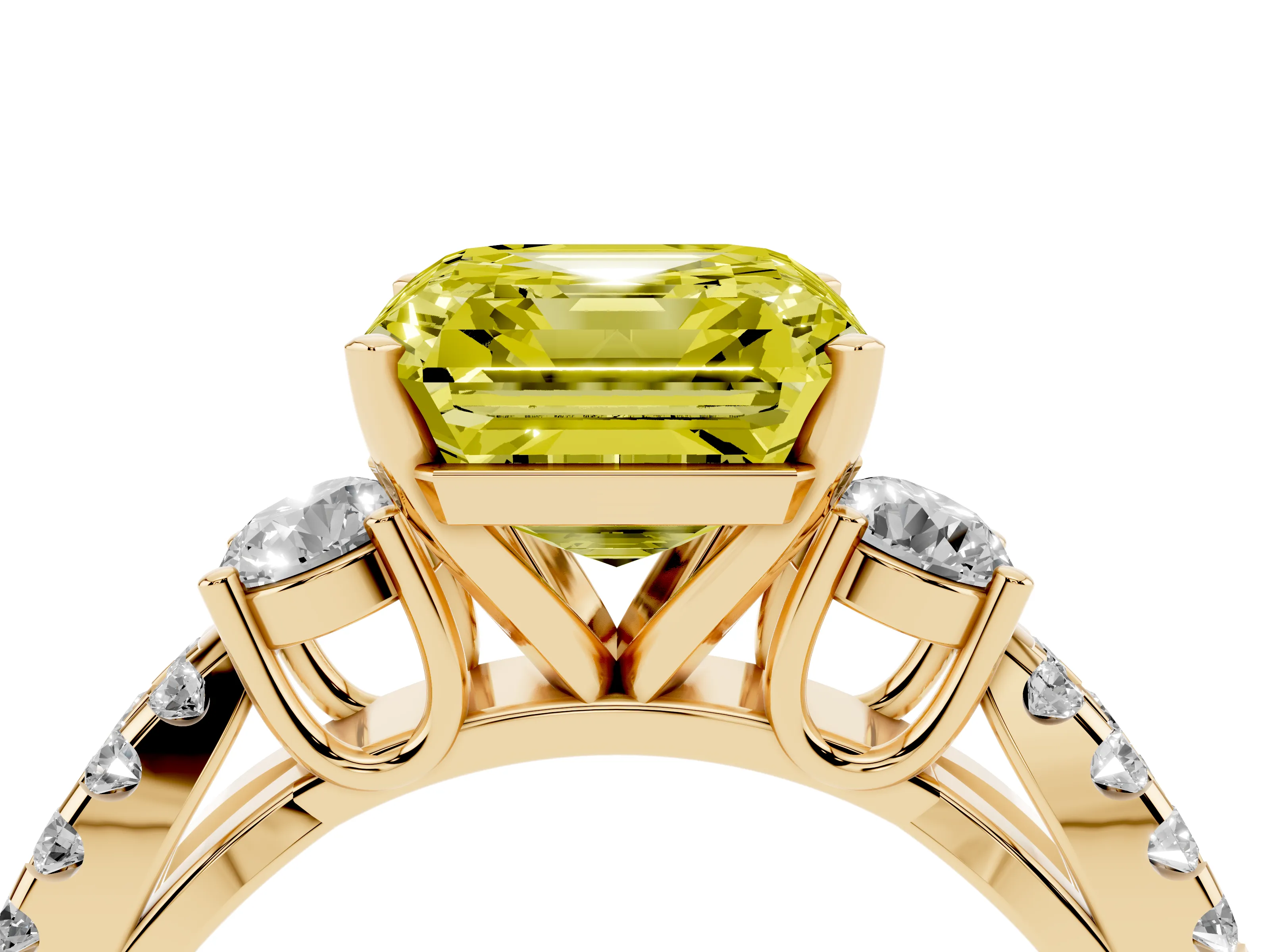 Fancy Yellow Asscher Cut Diamond Three-Stone Ring Set in Yellow gold with Pavé Split Shank and Prong Setting