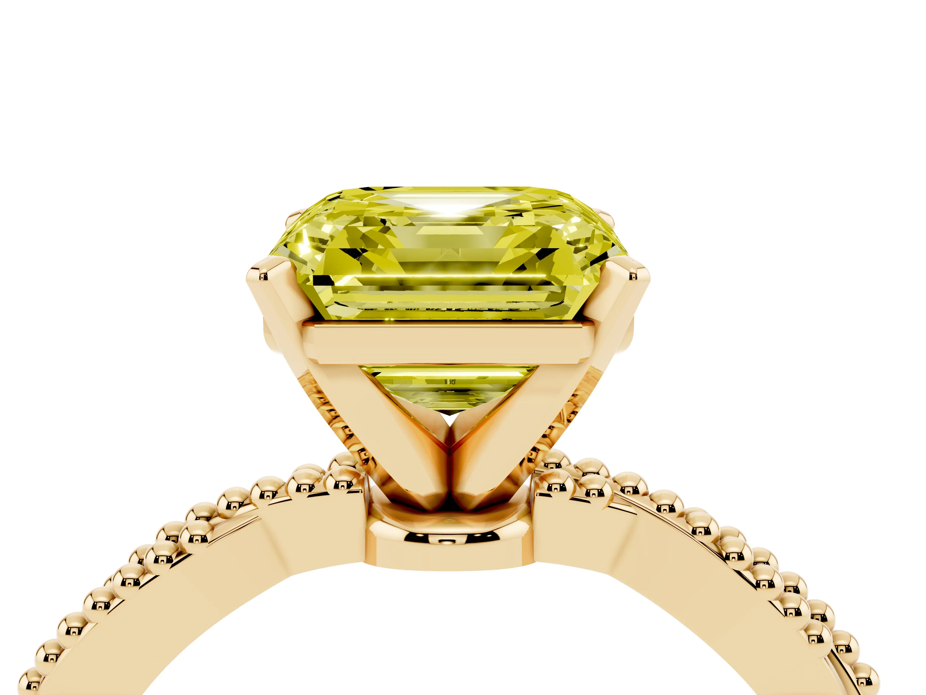 Fancy Yellow Asscher Cut Diamond Solitaire Ring Set in Yellow gold with Twisted Band and Bead Prong Setting