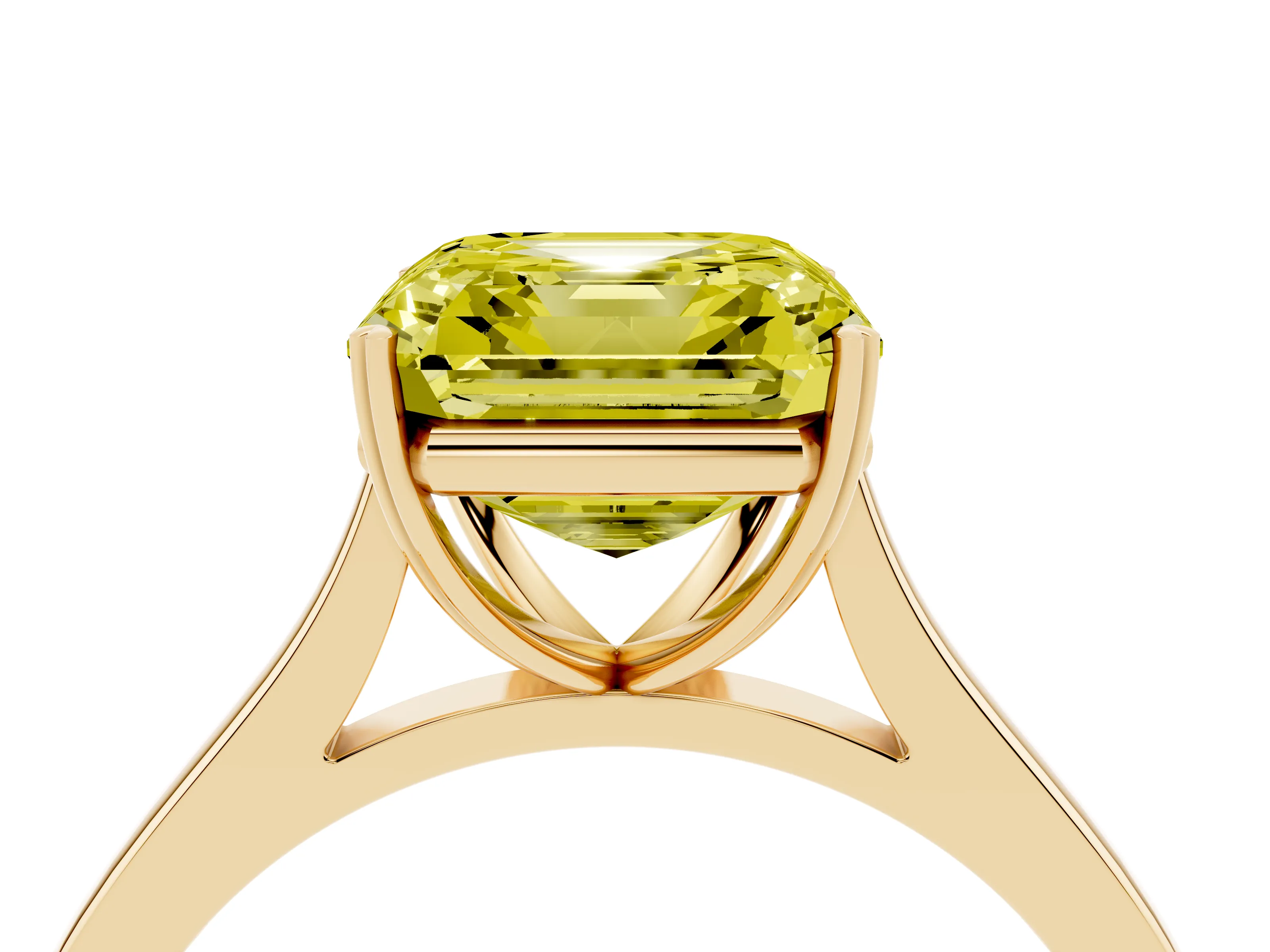 Fancy Yellow Asscher Cut Diamond Solitaire Heart Prong Engagement Ring Set in Yellow gold with Tapered Band