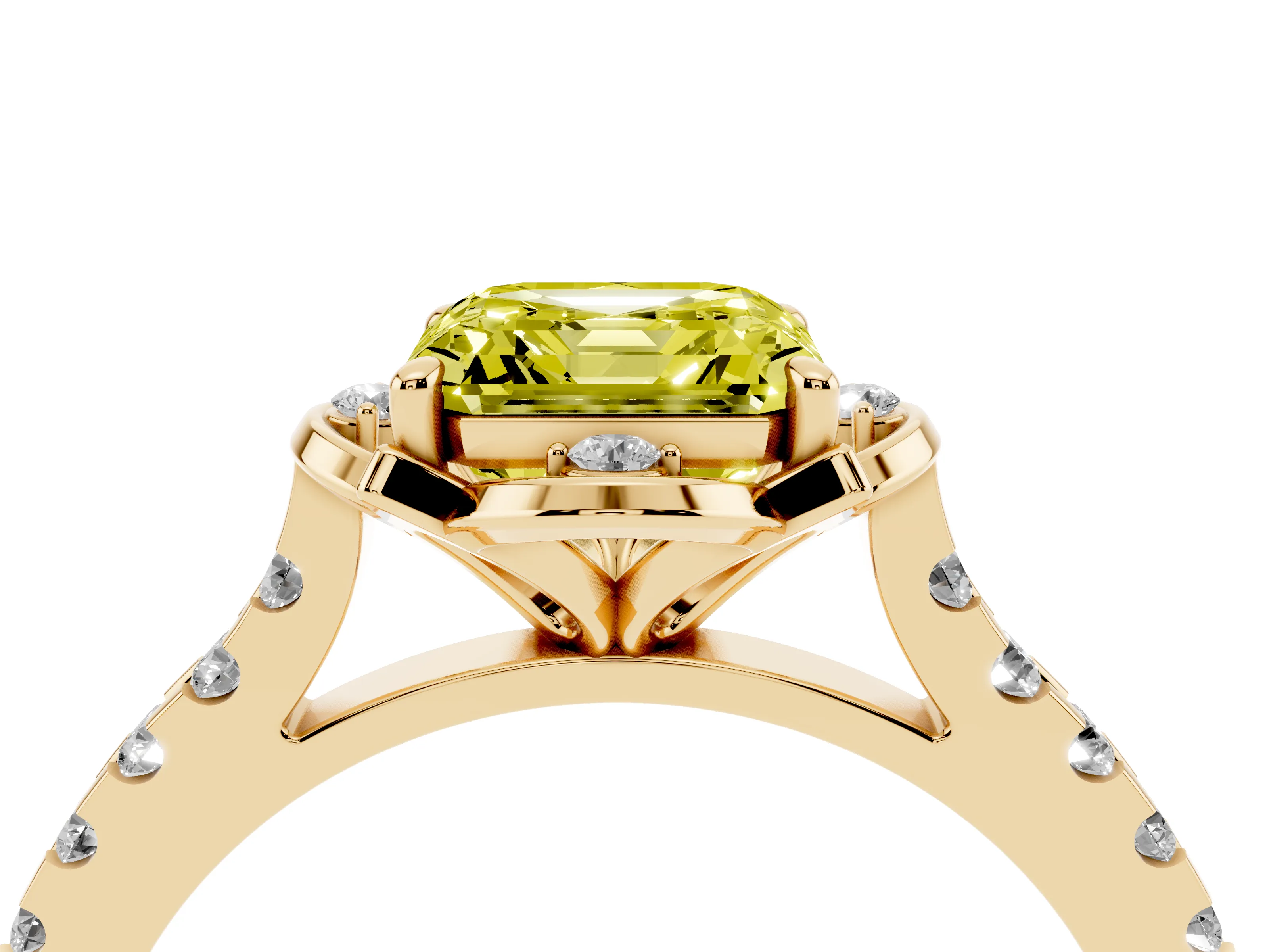 Fancy Yellow Asscher Cut Diamond Solitaire Ring Set in Yellow gold with Pavé Band and Floral Prong Setting