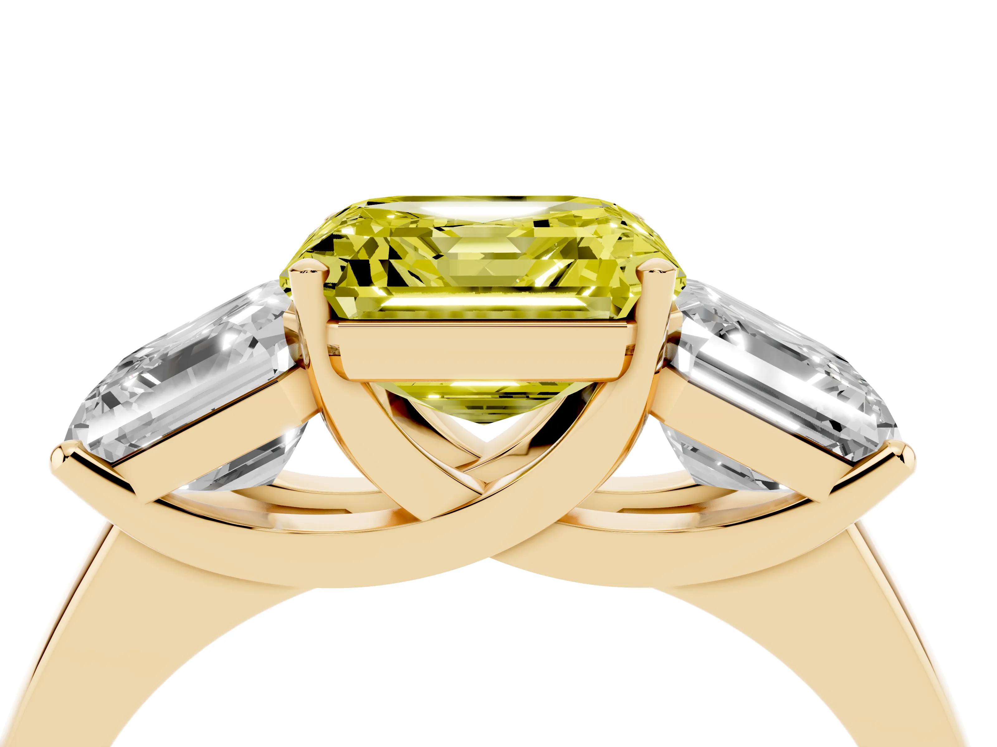 Fancy Yellow Asscher Cut Diamond Three-Stone Ring Set in Yellow gold with Classic Prong Setting and Plain Band