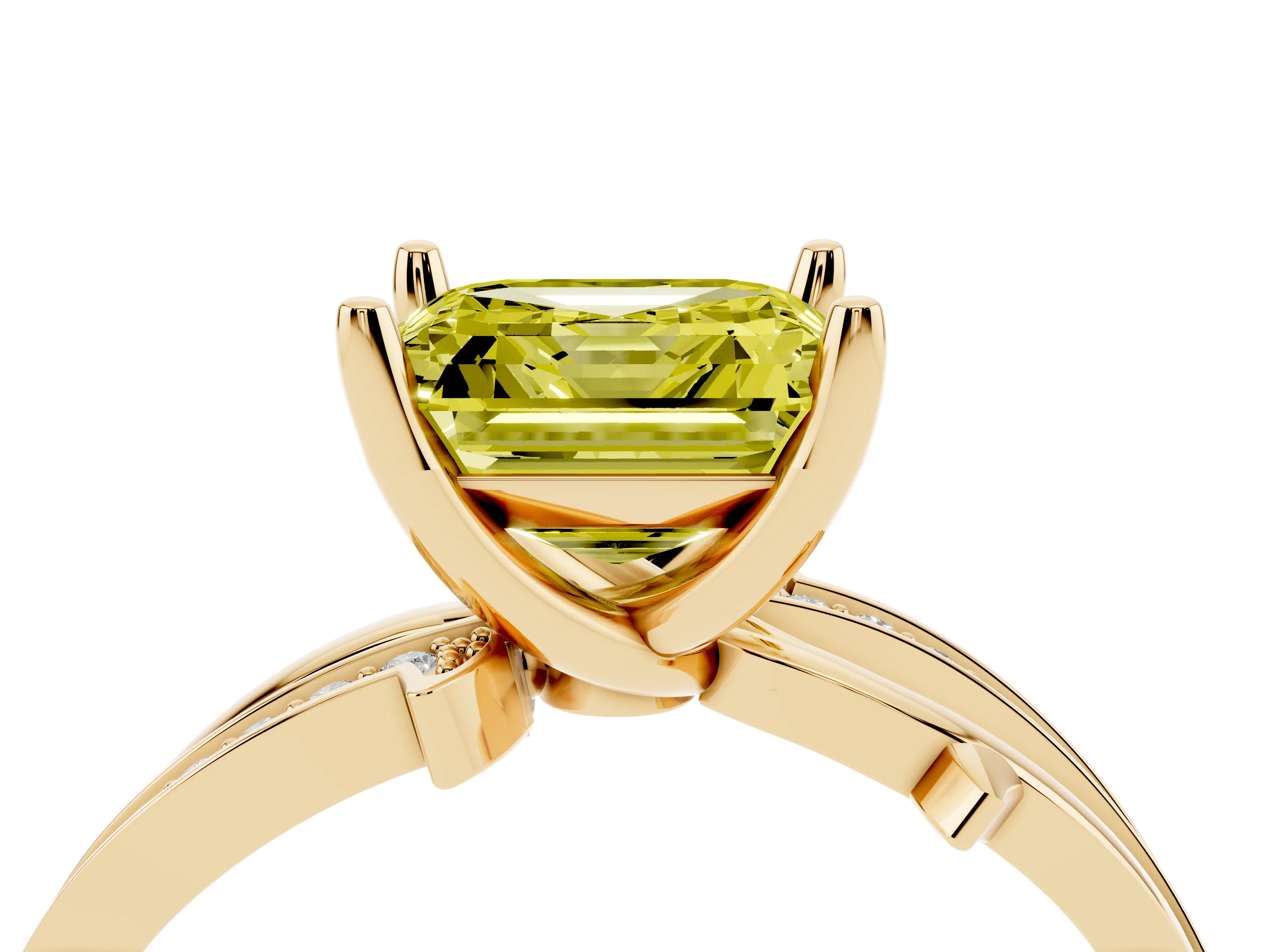 Fancy Yellow Asscher Cut Diamond Pavé Twist Band Solitaire Ring Set in Yellow gold with Prong Setting