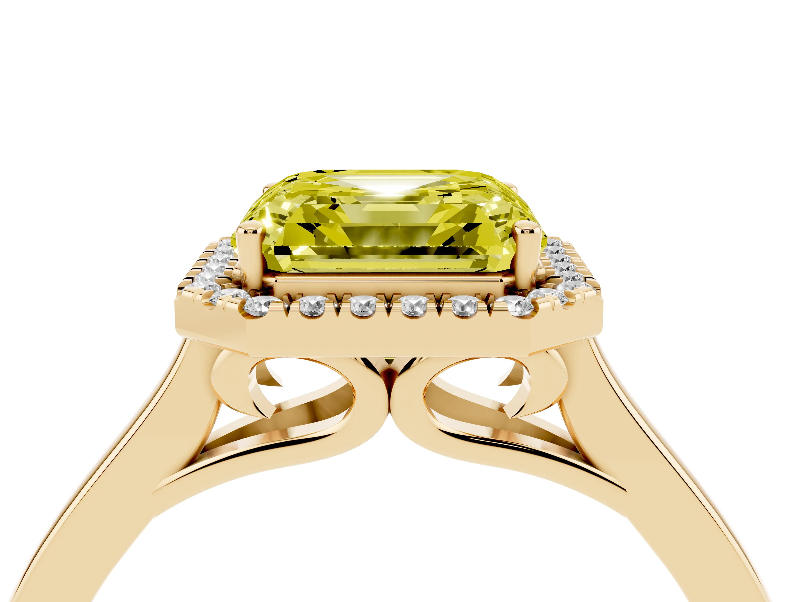 Fancy Yellow Asscher Cut Halo Round Diamond Solitaire Ring Set in Yellow gold with Pavé Band and Prong Setting