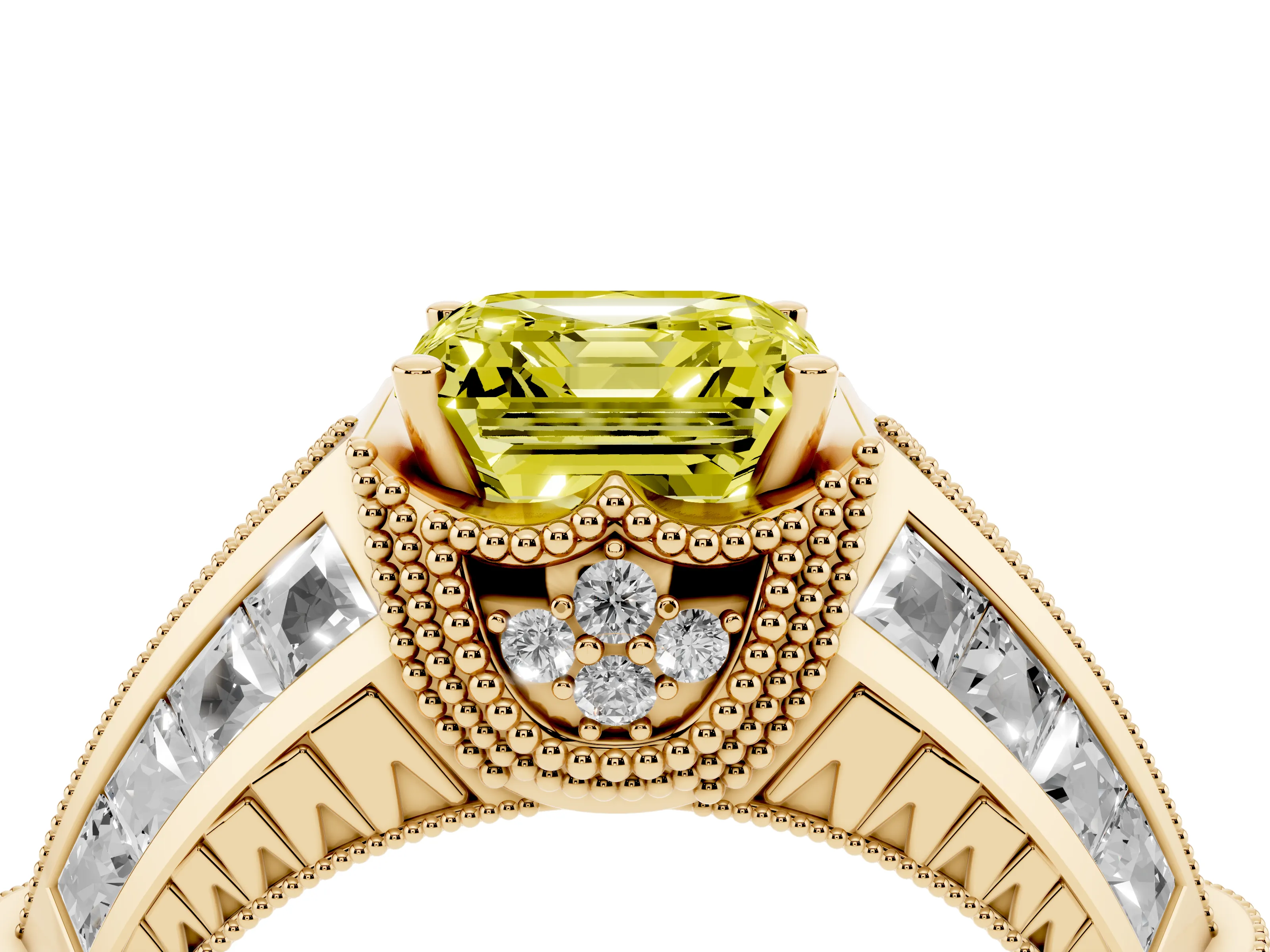 Fancy Yellow Asscher Cut Diamond Vintage-Inspired Milgrain Ring Set in Yellow gold with Accent Split Shank
