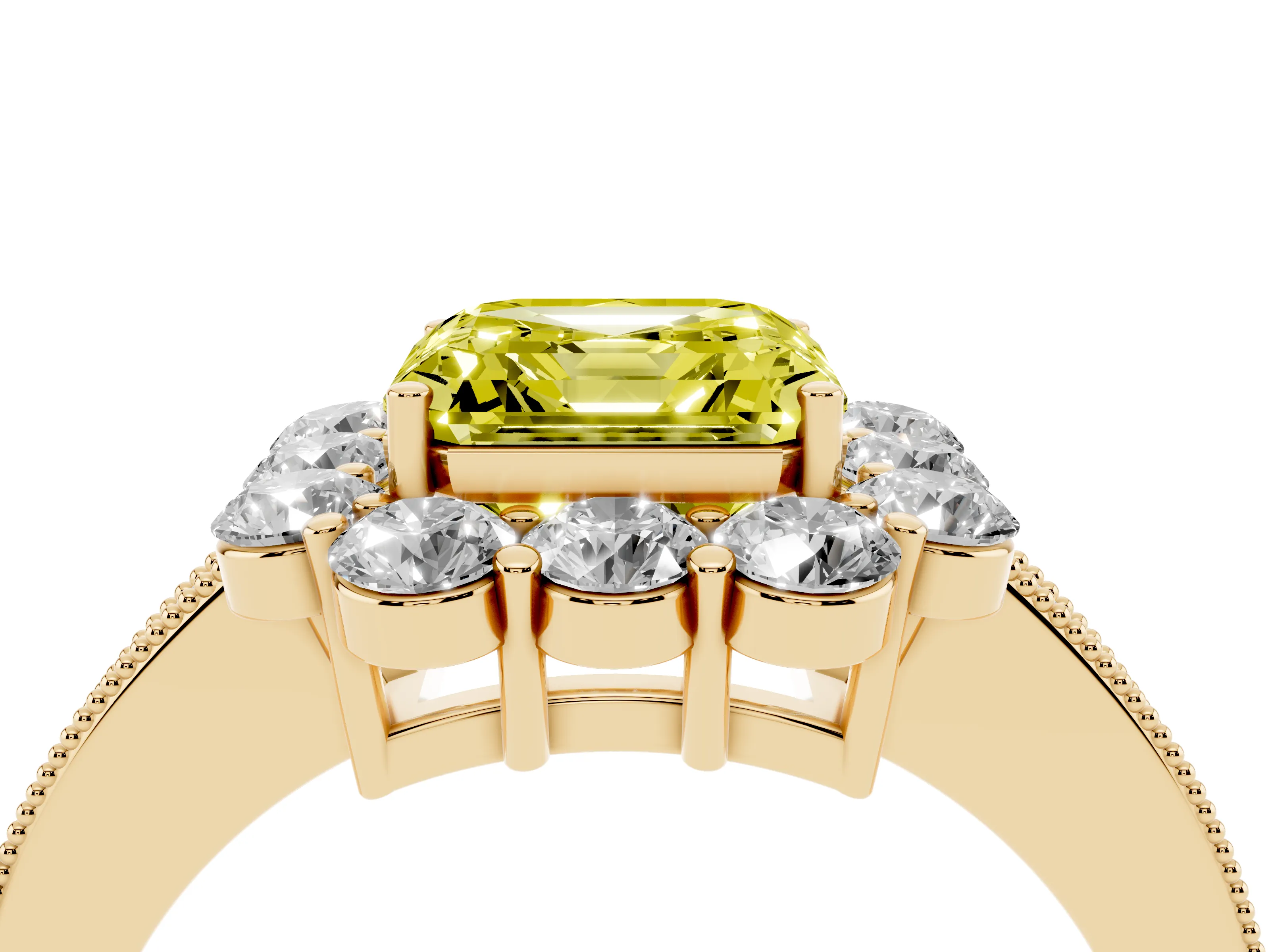 Fancy Yellow Asscher Cut Diamond Halo Pavé Engagement Ring Set in Yellow gold with Milgrain Detailing