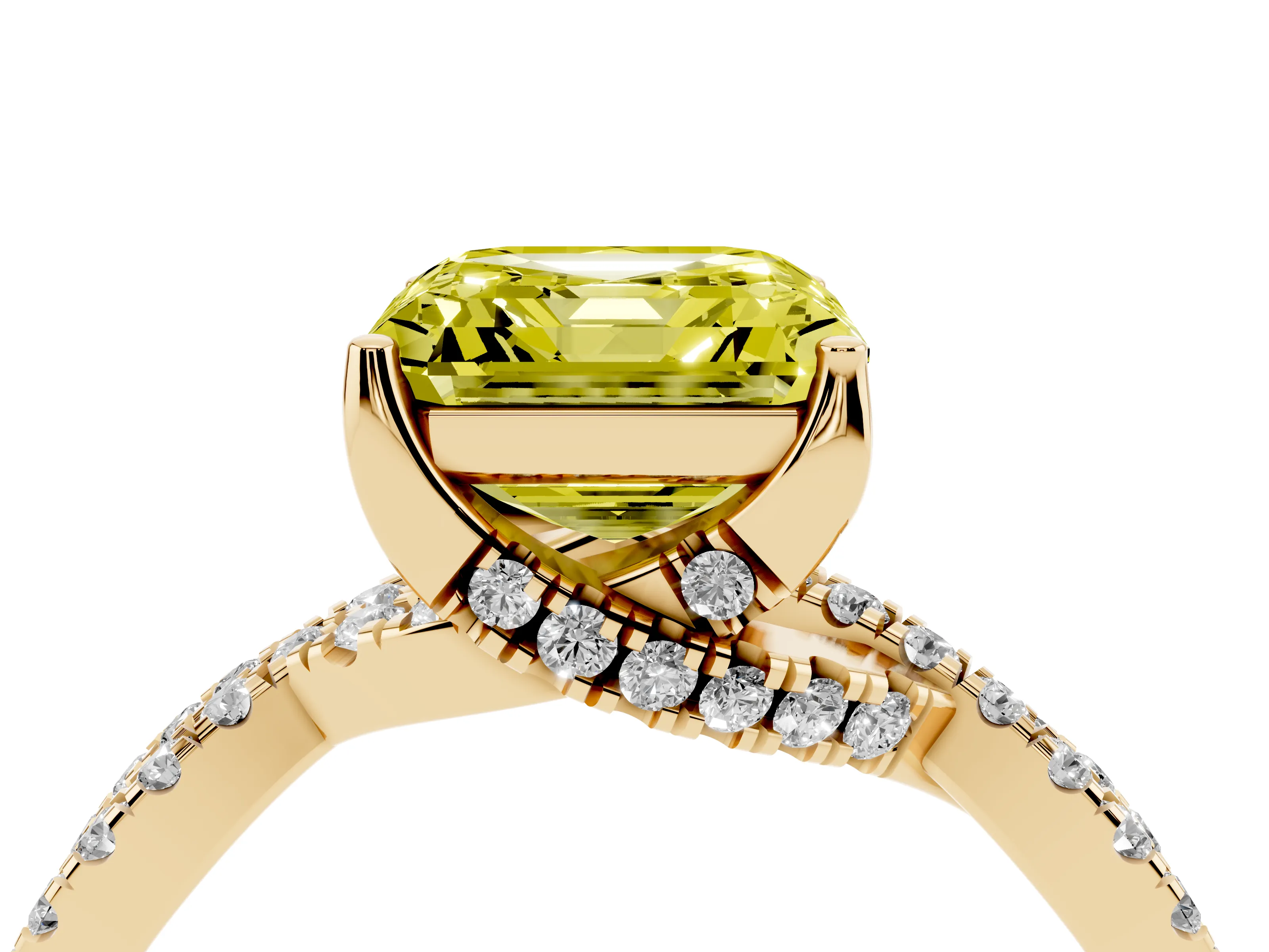 Fancy Yellow Asscher Cut Diamond Twist Pavé Solitaire Engagement Ring Set in Yellow gold with Prong Setting