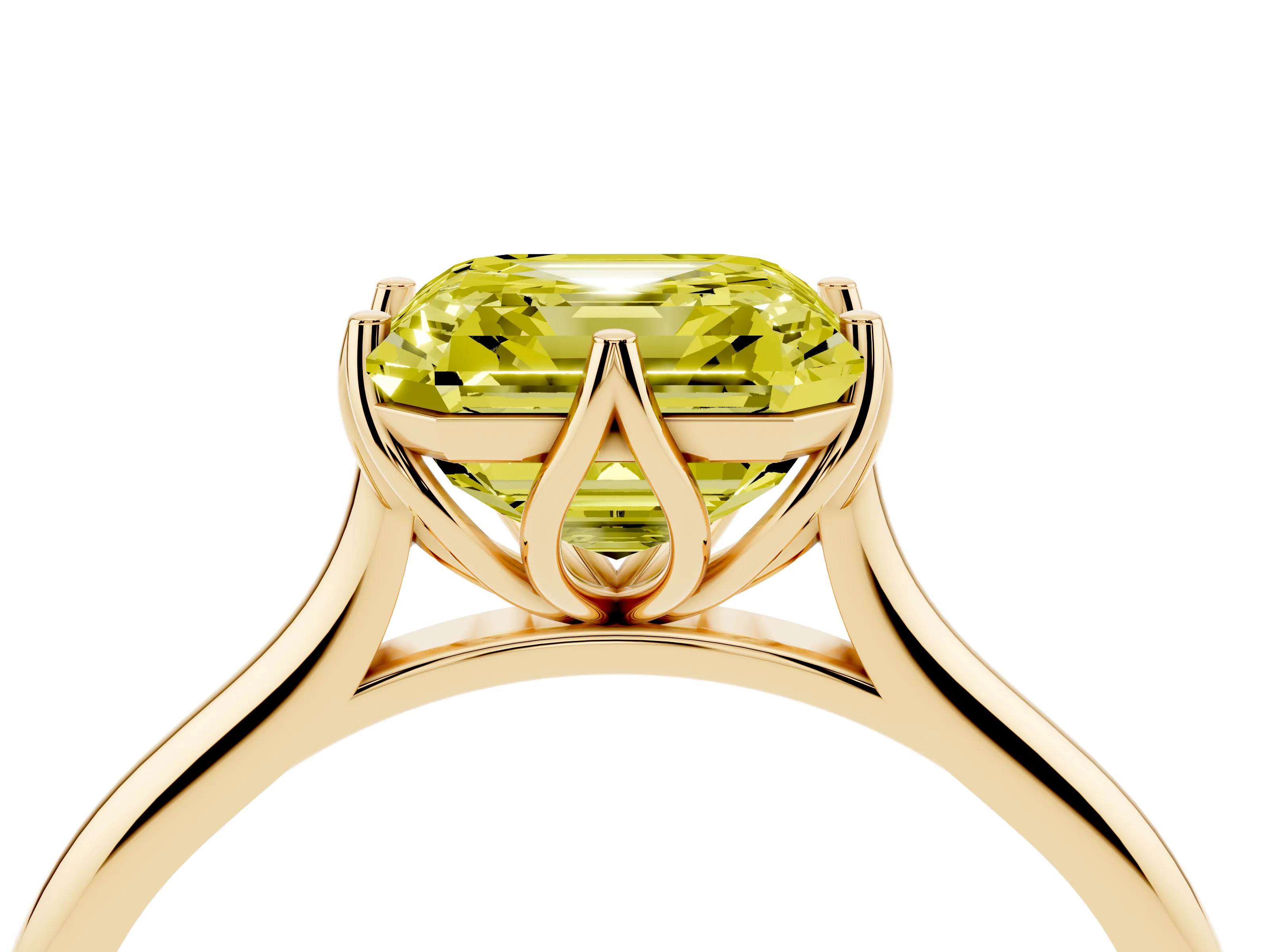 Fancy Yellow Asscher Cut Diamond Solitaire Cathedral Ring Set in Yellow gold with Prong Setting