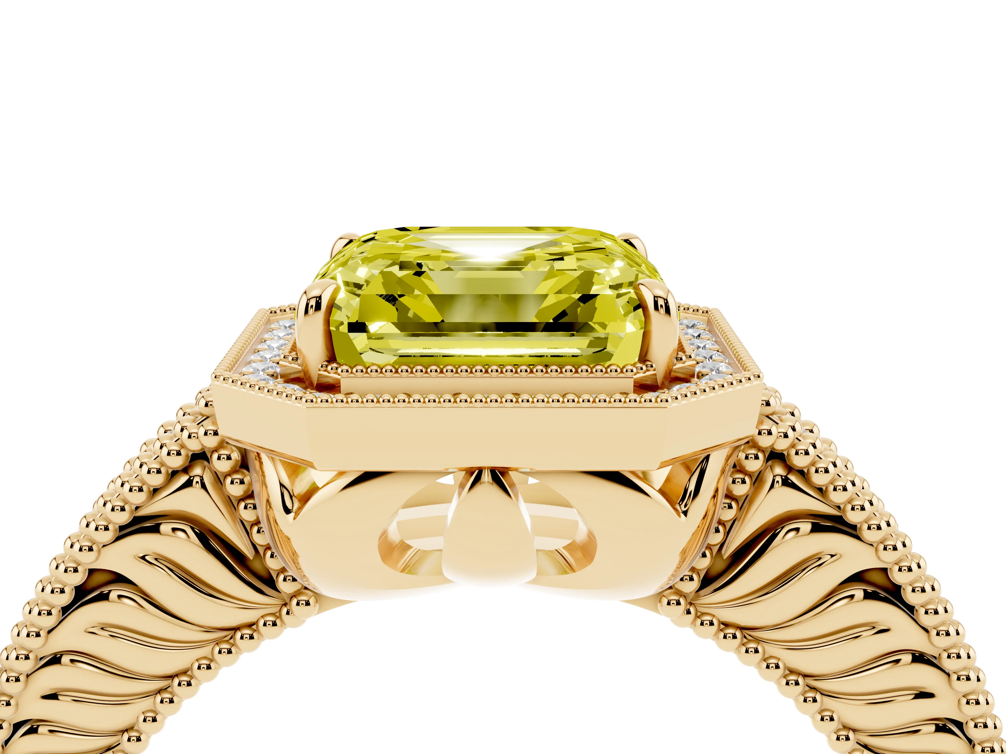 Fancy Yellow Asscher Cut Diamond Halo Ring Set in Yellow gold with Round Accent Halo, Pavé Band and Prong Setting