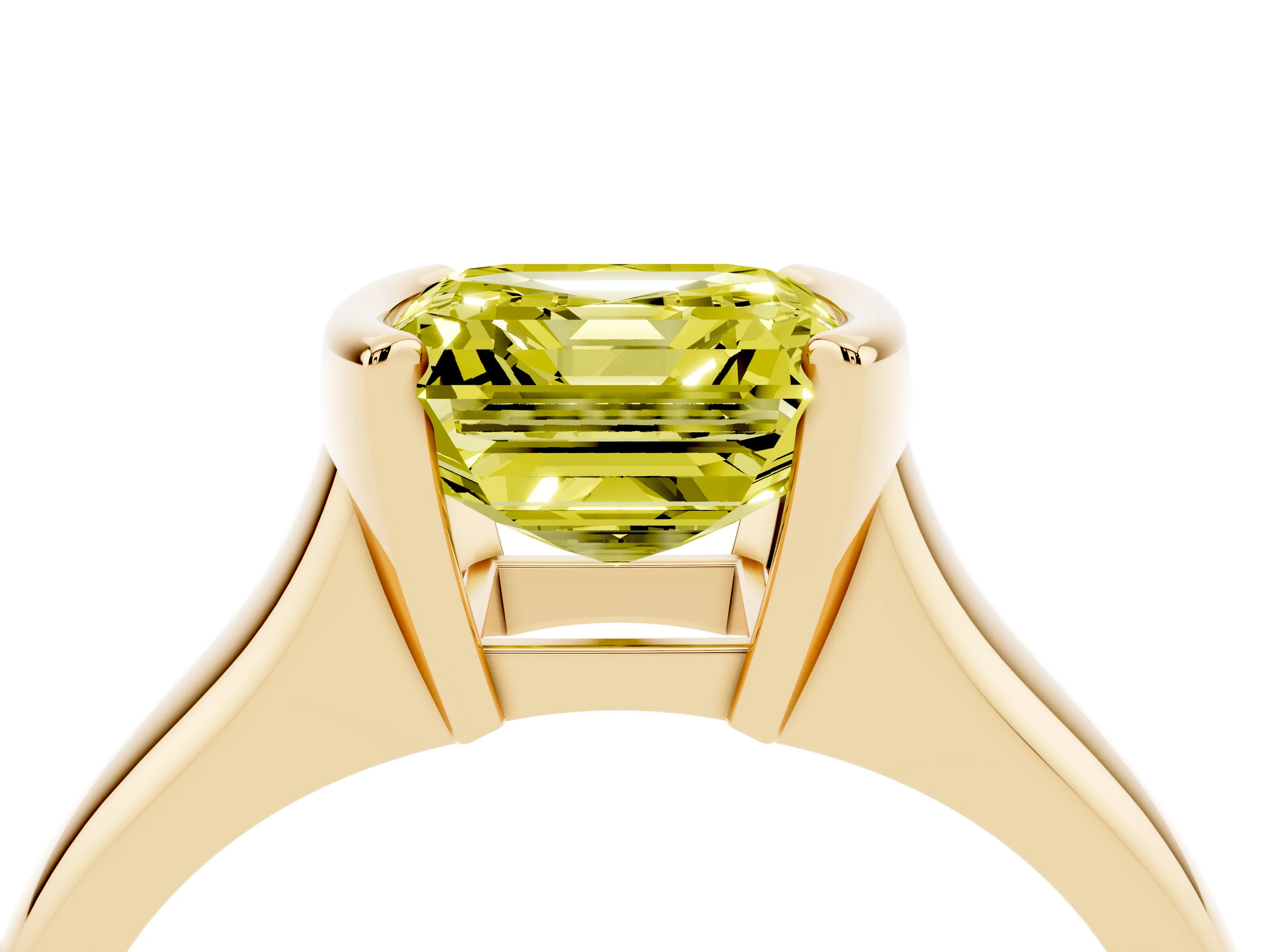Fancy Yellow Asscher Cut Diamond Solitaire Tension Set Ring Set in Yellow gold with Split Shank Band