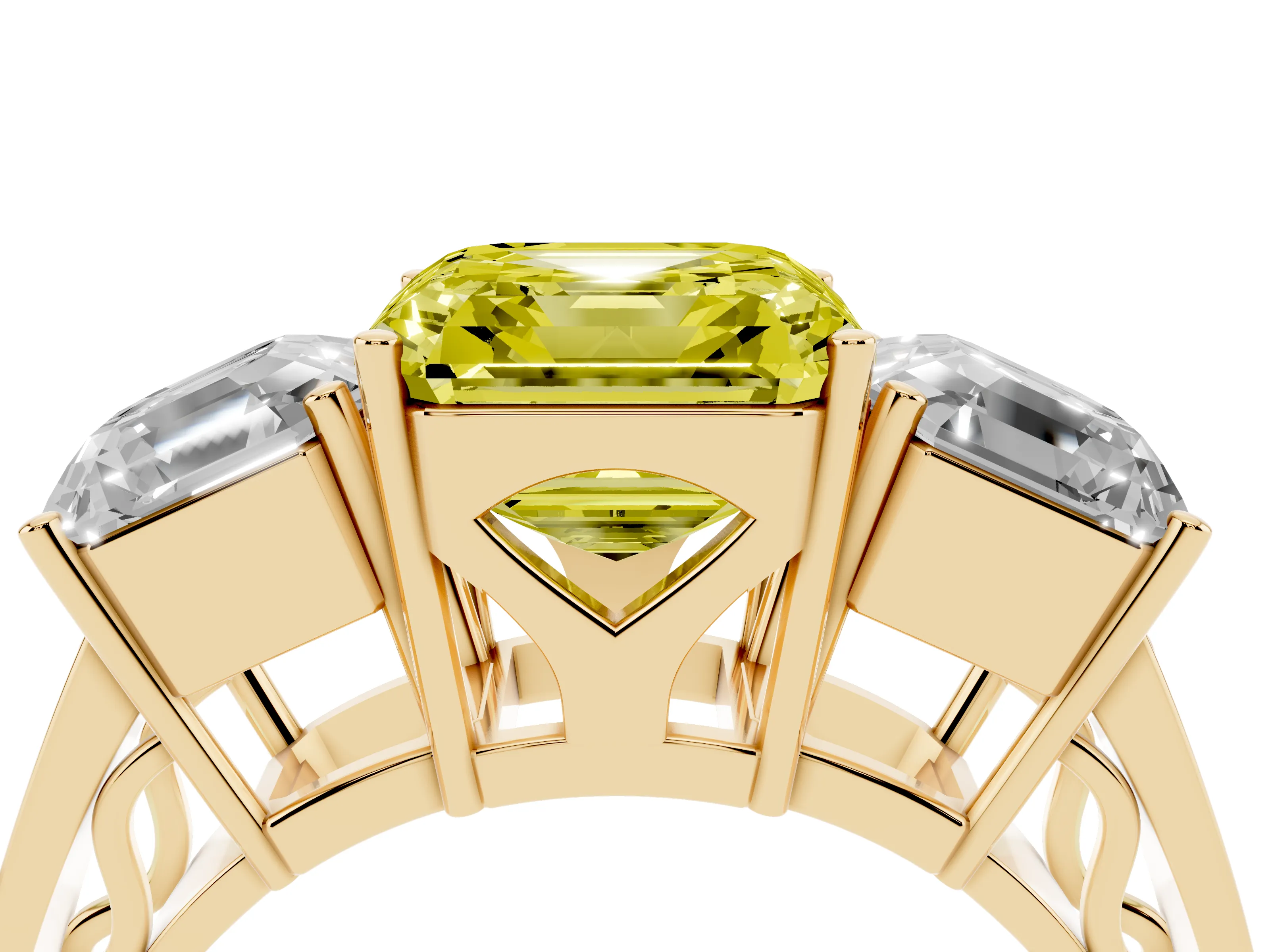Fancy Yellow Asscher Cut Diamond Three-Stone Ring Set in Yellow gold with Textured Band