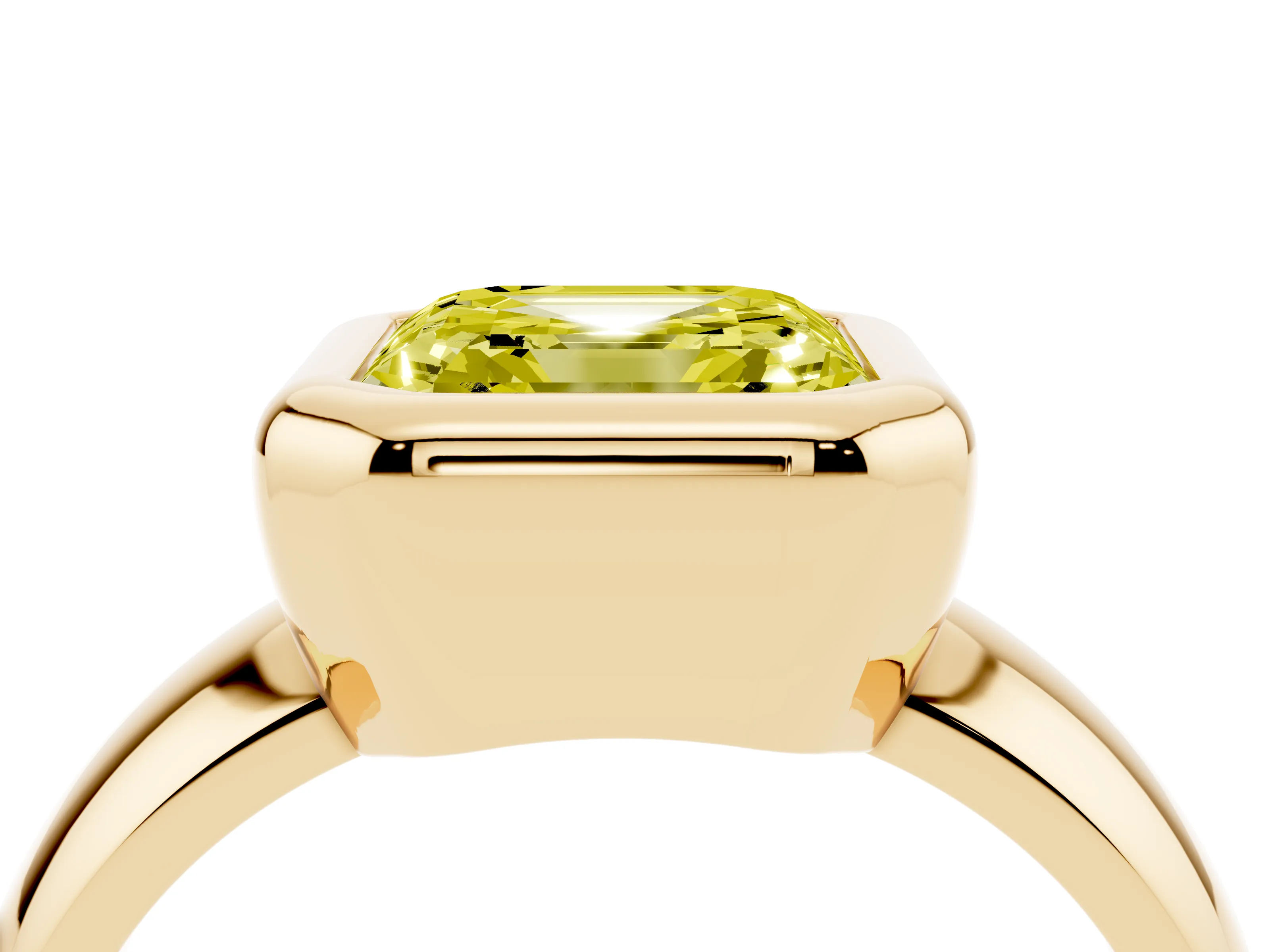 Fancy Yellow Bezel Set Asscher Cut Diamond Solitaire Ring Set in Yellow gold with Wide Band
