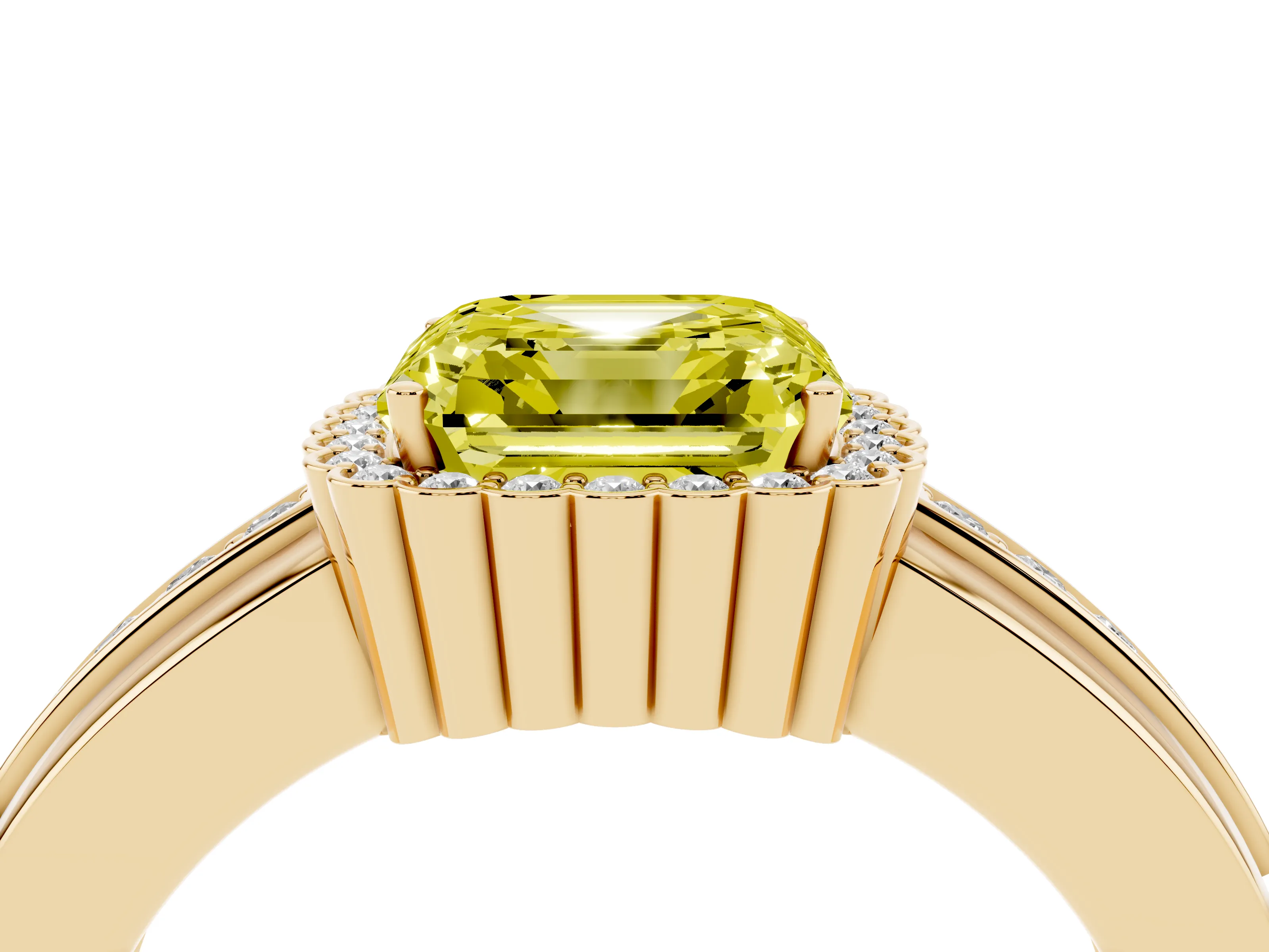 Fancy Yellow Asscher Cut Diamond Halo Prong Ring Set in Yellow gold with Pavé Band