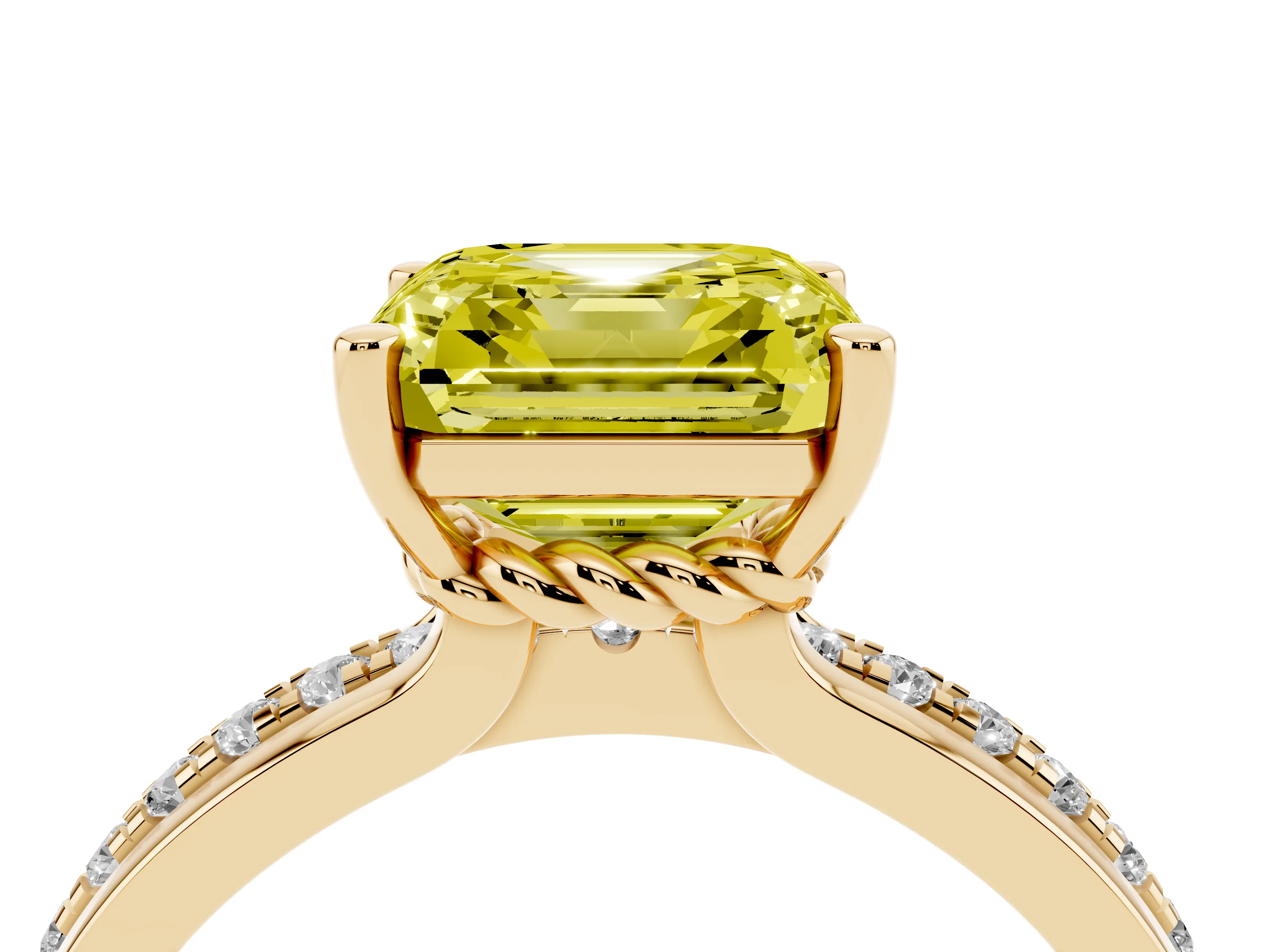 Fancy Yellow Asscher Cut Diamond Solitaire Ring Set in Yellow gold with Channel Set Band and Prong Setting