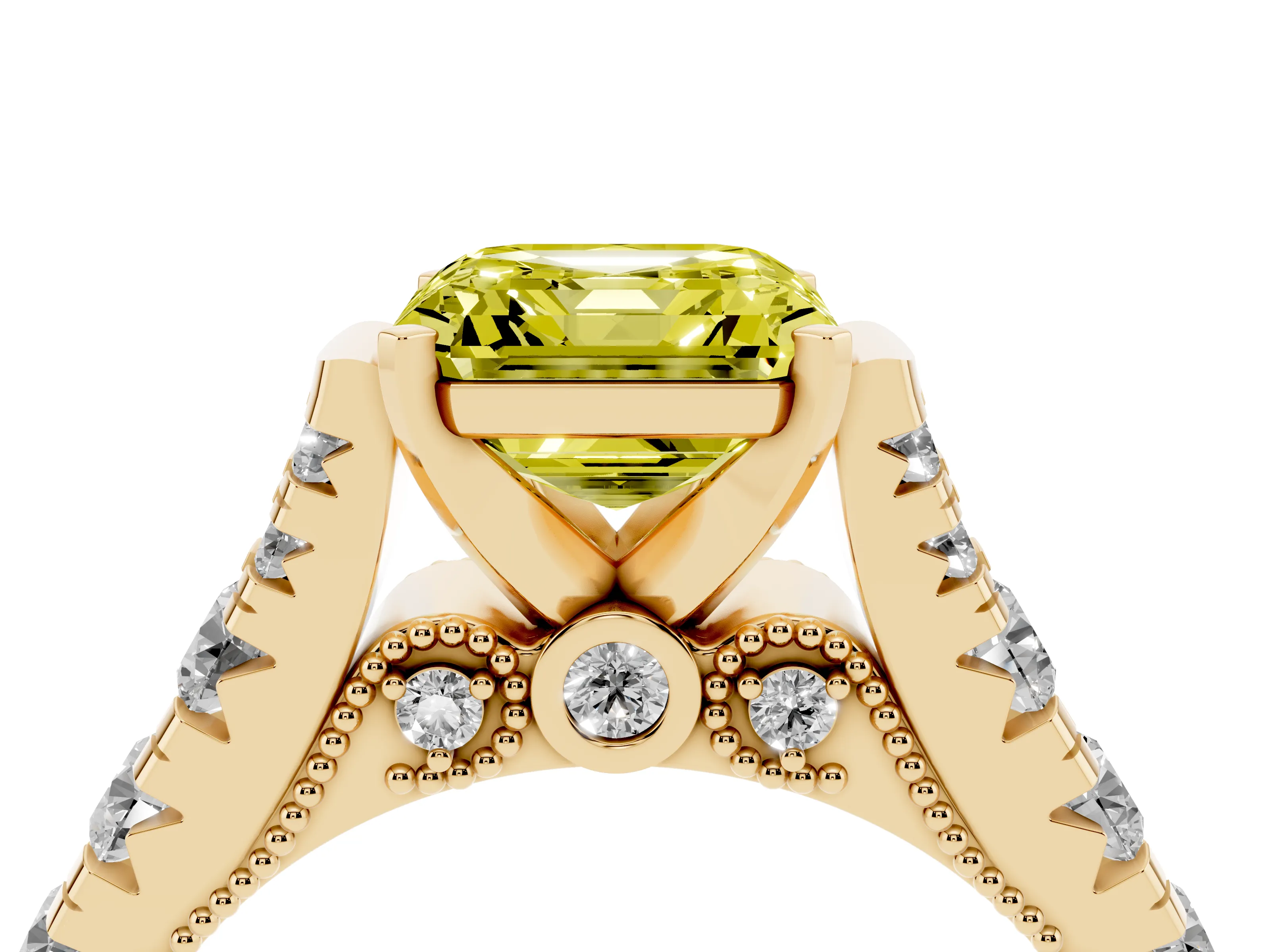 Fancy Yellow Asscher Cut Diamond Classic Solitaire Ring Set in Yellow gold with Pavé Band and Prong Setting