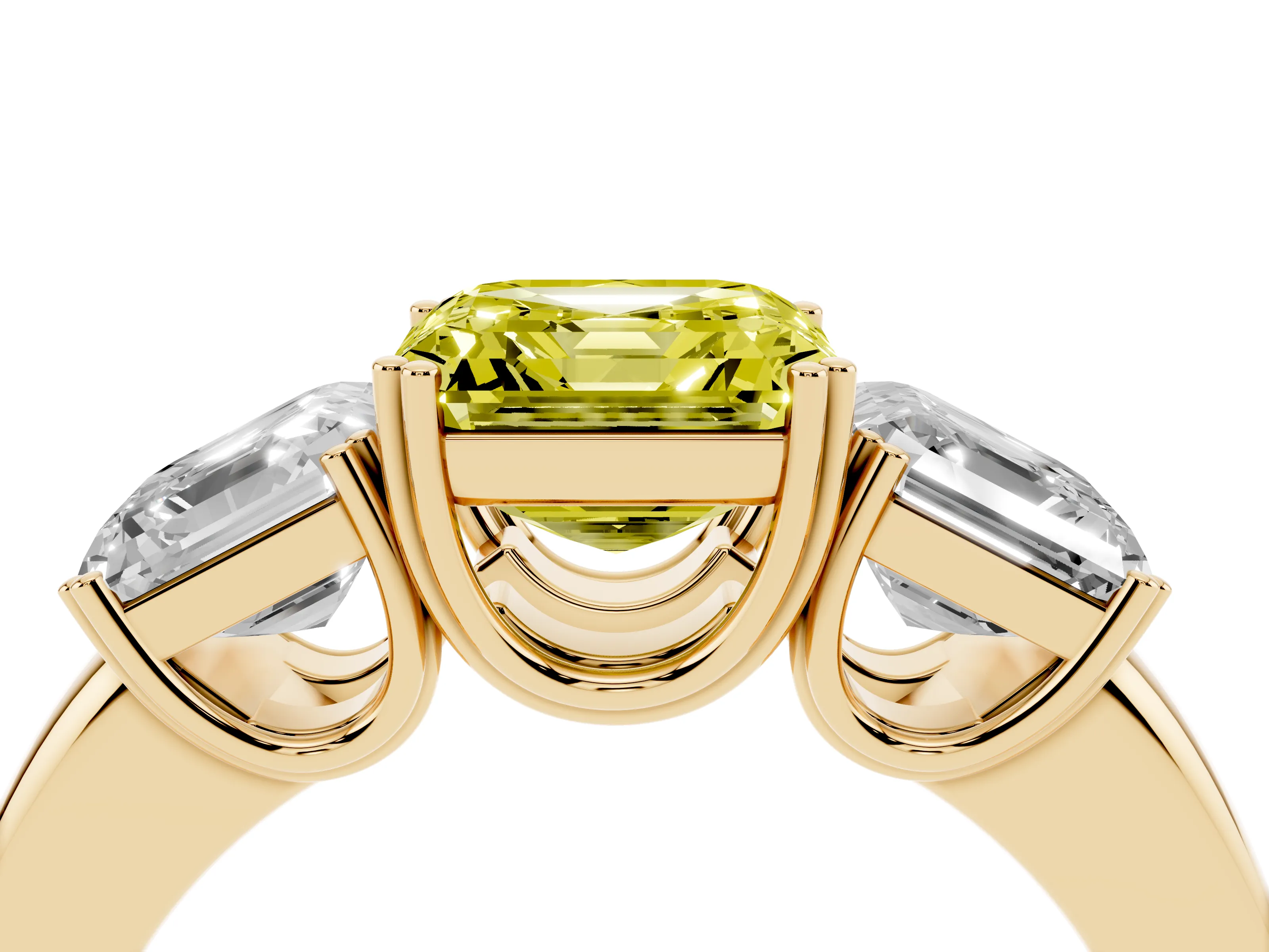 Fancy Yellow Asscher Cut Diamond Three-Stone Ring Set in Yellow gold with Polished Band and Prong Setting