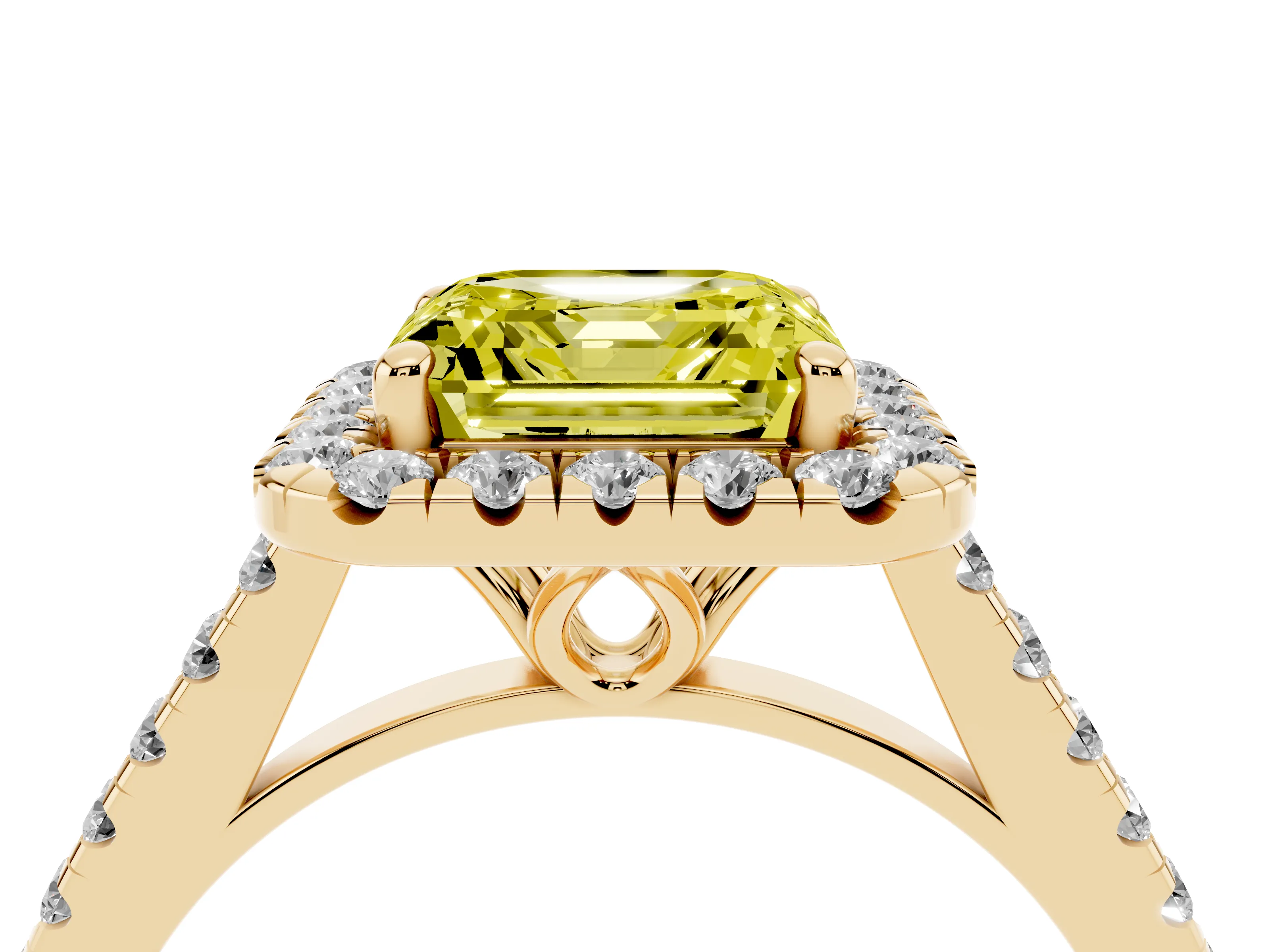 Fancy Yellow Asscher Cut Diamond Pavé Halo Engagement Ring Set in Yellow gold with Pavé Band and Prong Setting