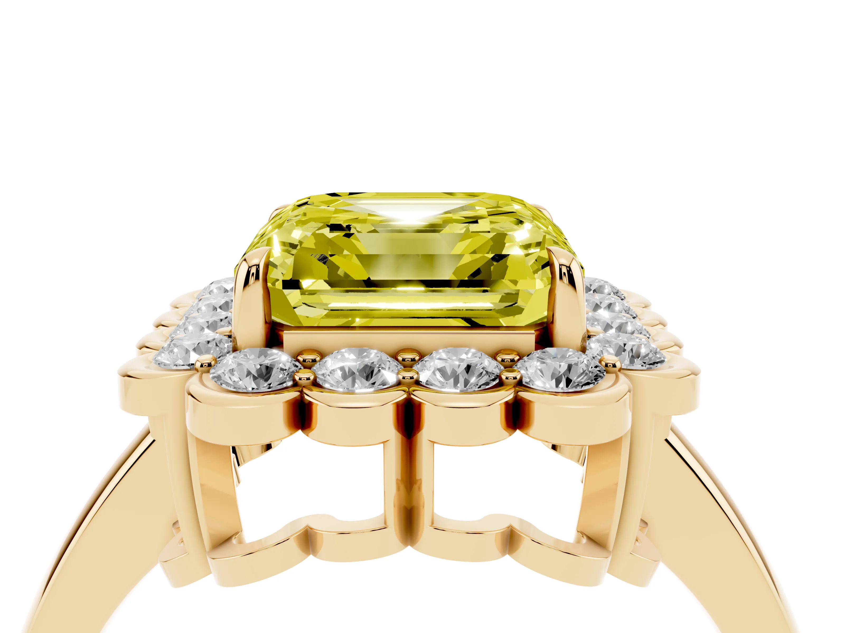 Fancy Yellow Asscher Cut Diamond Halo Cluster Engagement Ring Set in Yellow gold with Solitaire Band and Prong Setting